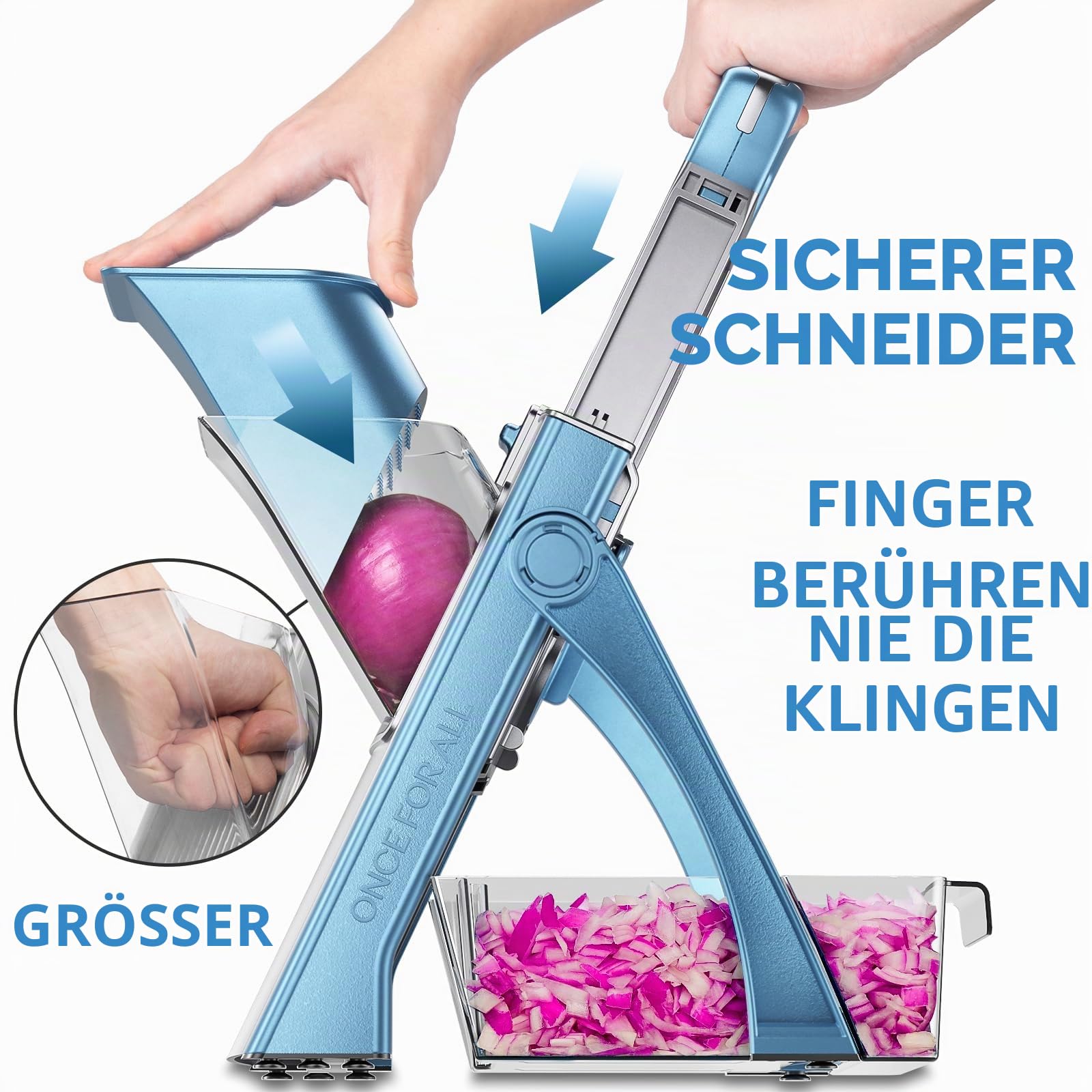 ONCE FOR ALL Gemüseschneider mit Auffangbecken (Blau) | Gemüsehobel ideal als Pommesschneider&Kartoffelschneider,Zwiebelschneider Gurkenhobel - Würfelschneider, Julienner,Geschenk
