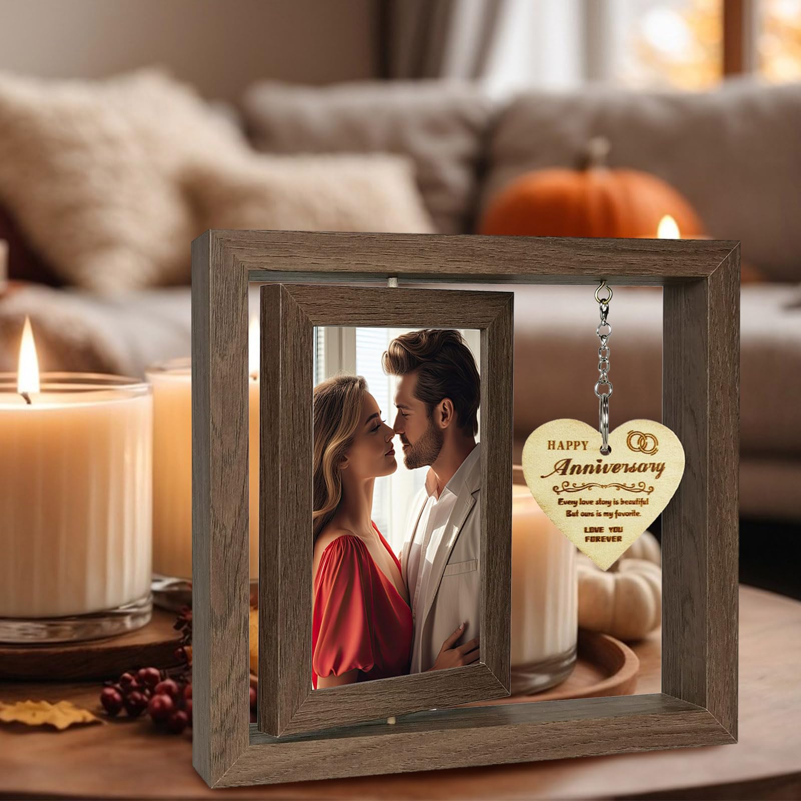 Fychuo Happy Anniversary Wooden Pendant Photo Frame - Double-Sided Rotating 4x6 In Frame for Couples Wedding Gifts for Him and Her - Image 3