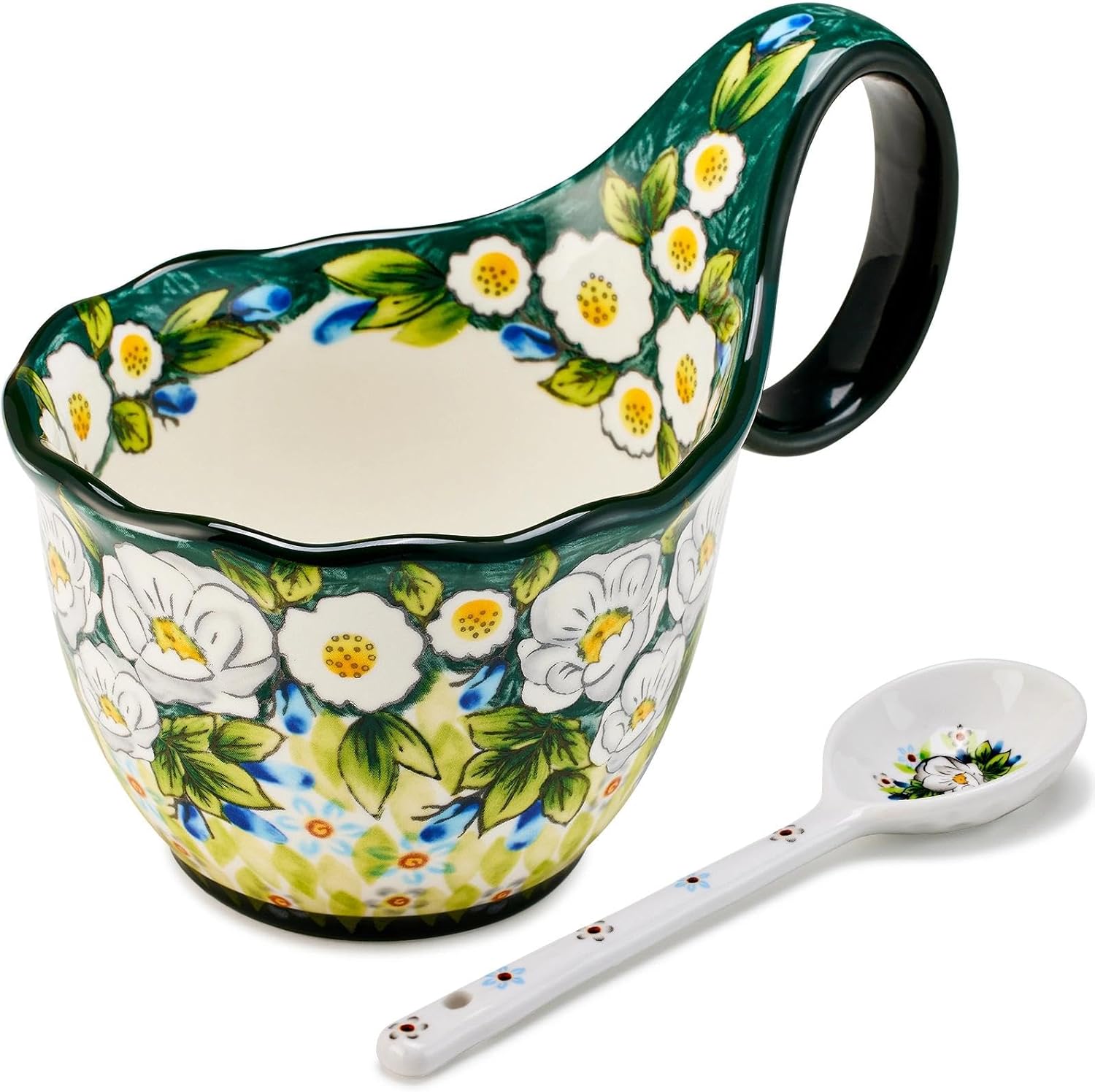 Ceramic Soup Cup and Soup Bowl With Handles - 18 Ounce With Spoon,Handpainted Decorative Oversized Porcelain Bowl,for soup, Ice Cream, Stew, Microwave and Dishwasher Safe (Green Jasmine)