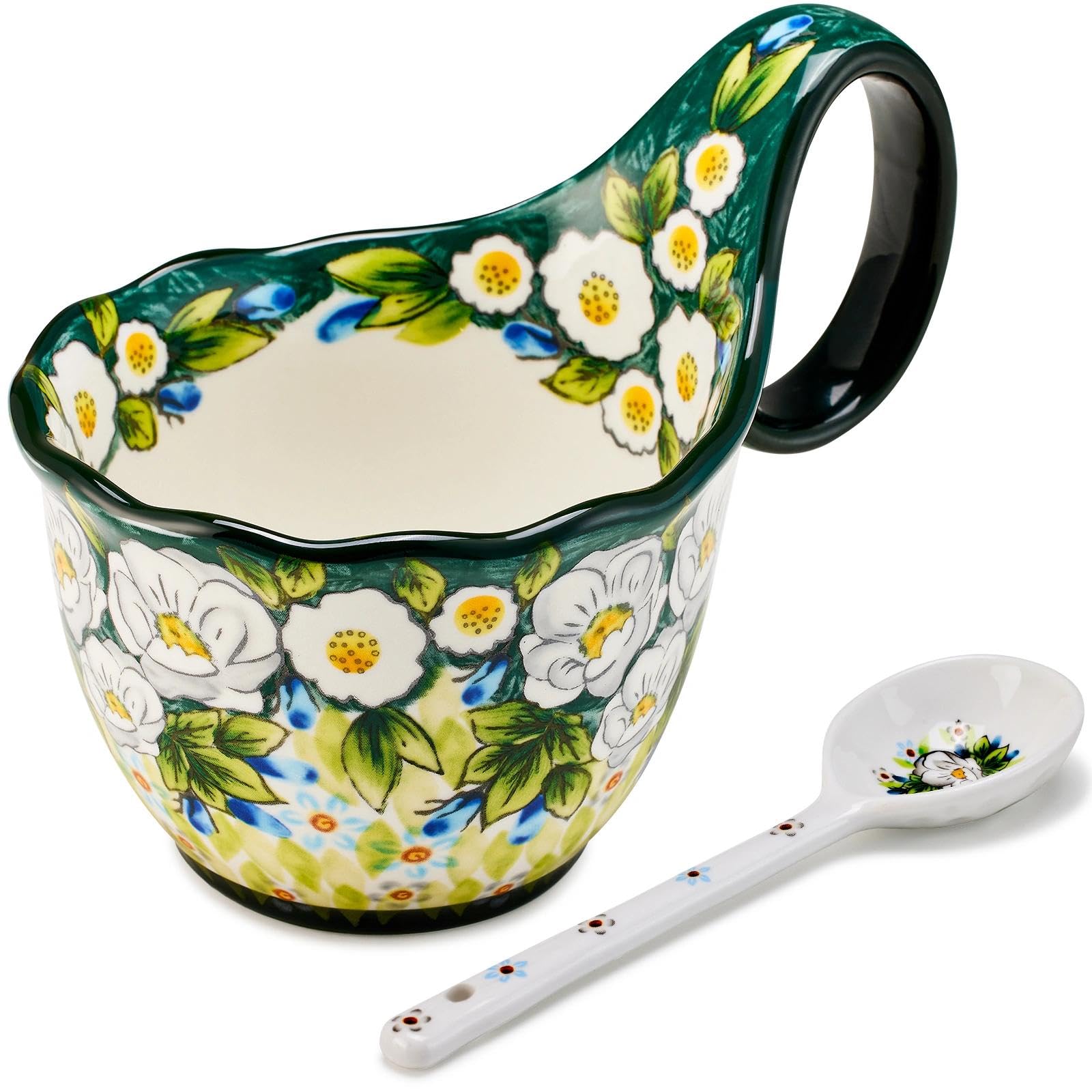 Ceramic Soup Cup and Soup Bowl With Handles - 18 Ounce With Spoon,Handpainted Decorative Oversized Porcelain Bowl,for soup, Ice Cream, Stew, Snacks,Microwave and Dishwasher Safe (Green Jasmine)