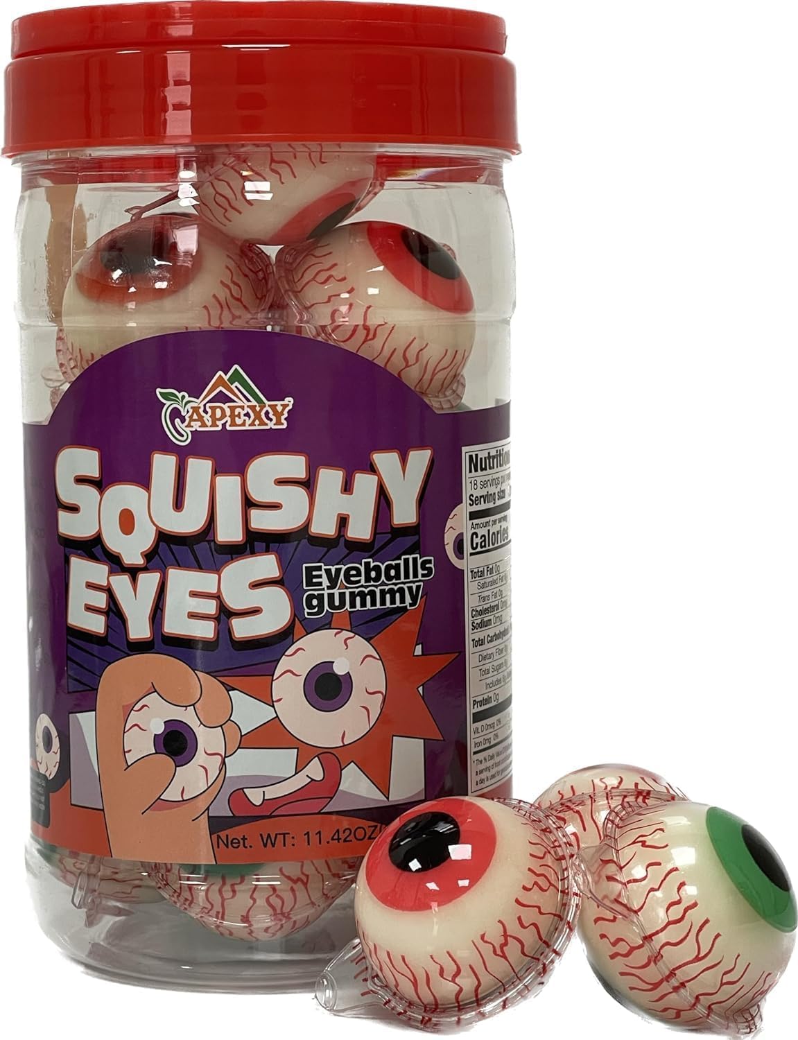 Apexy Eyeball Gummies - with Fruity Liquid Center Eyeball Candy for Halloween, Birthday, Trick Or Treat, Party Candy - Jelly Filled Gummies, Fat Free, Nut Free. 11.42oz (Color Eyeball)