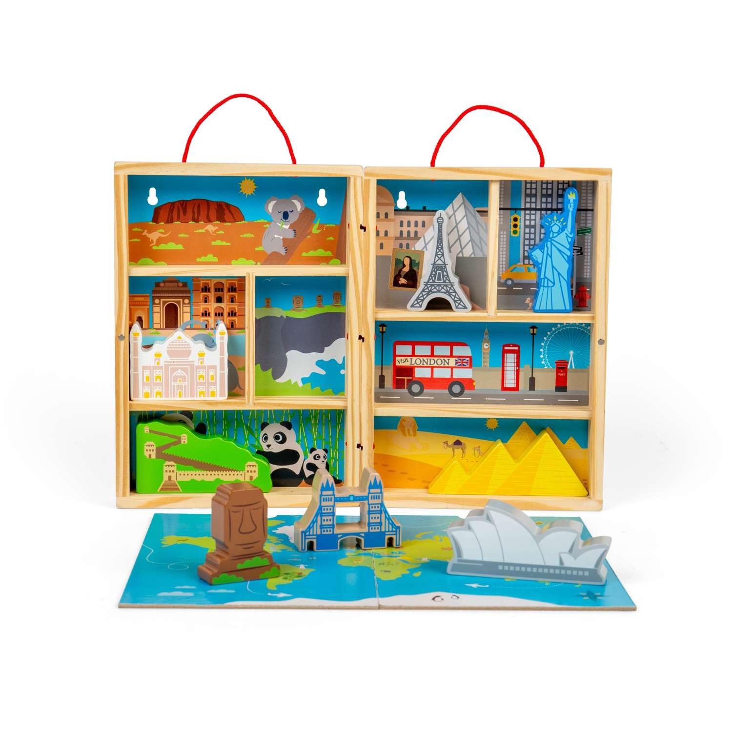 Bigjigs Toys Podróżny zestaw do zabawy – 10 szt. drewniany zestaw do zabawy z zabytkami świata i rozkładaną matą do zabawy, dla małych dzieci i dzieci, przyjazna w podróży zabawka, zestaw Montessori