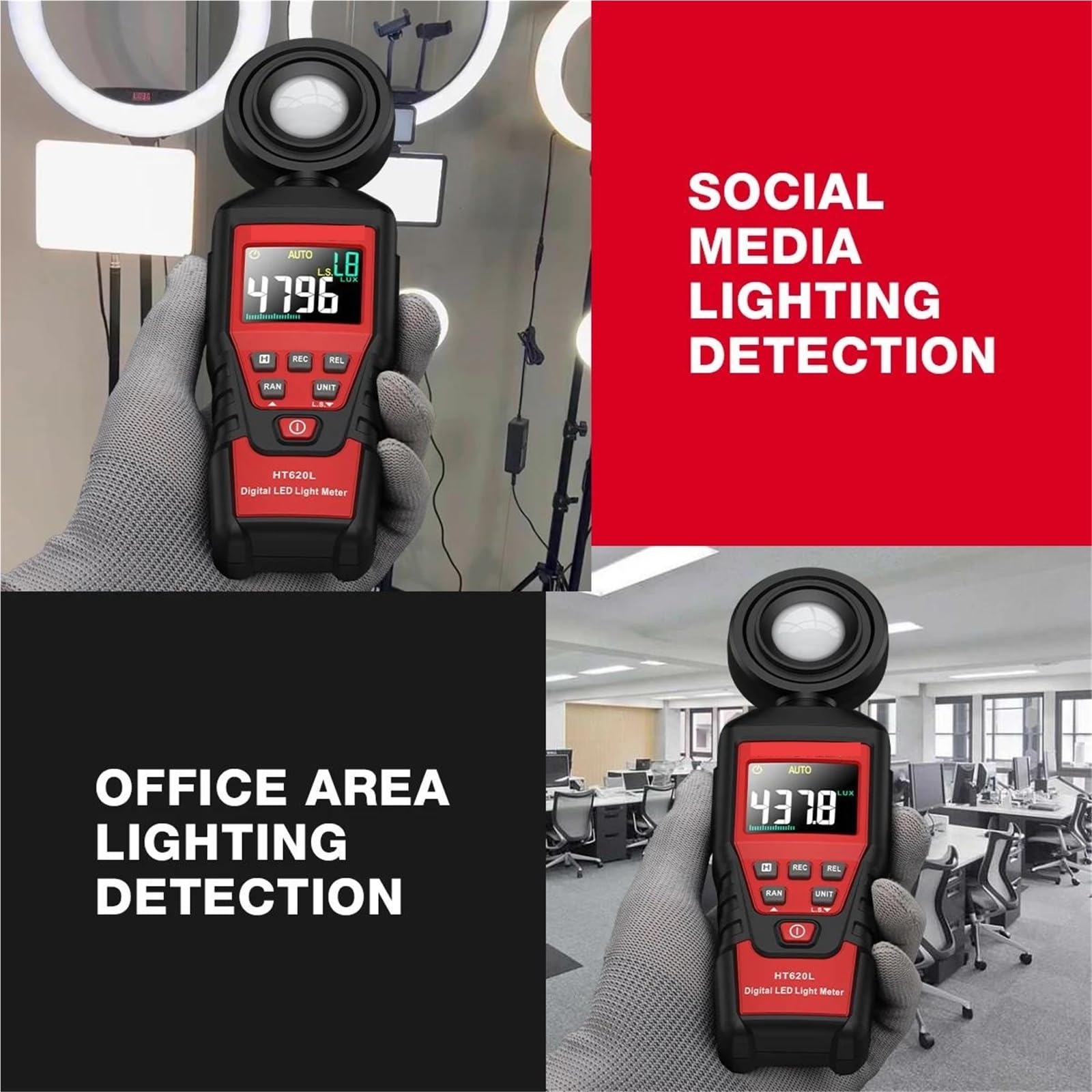 Esposimetri, Misuratore di luce illuminamento digitale temperatura ambiente portatile con portata fino a 200.000 Lux Luxmetro(HT620L)