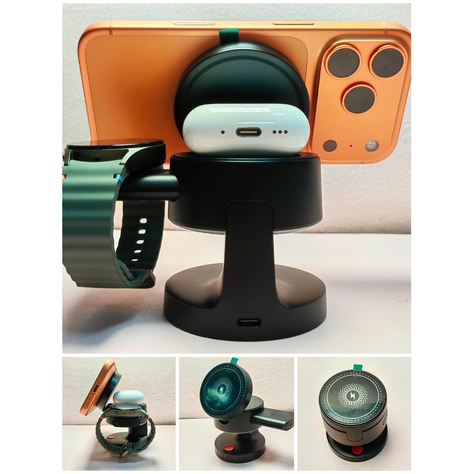 Stazione di ricarica pieghevole con luce notturna e supporto portatile per telefoni, orologi, cuffie, supporto per telefono