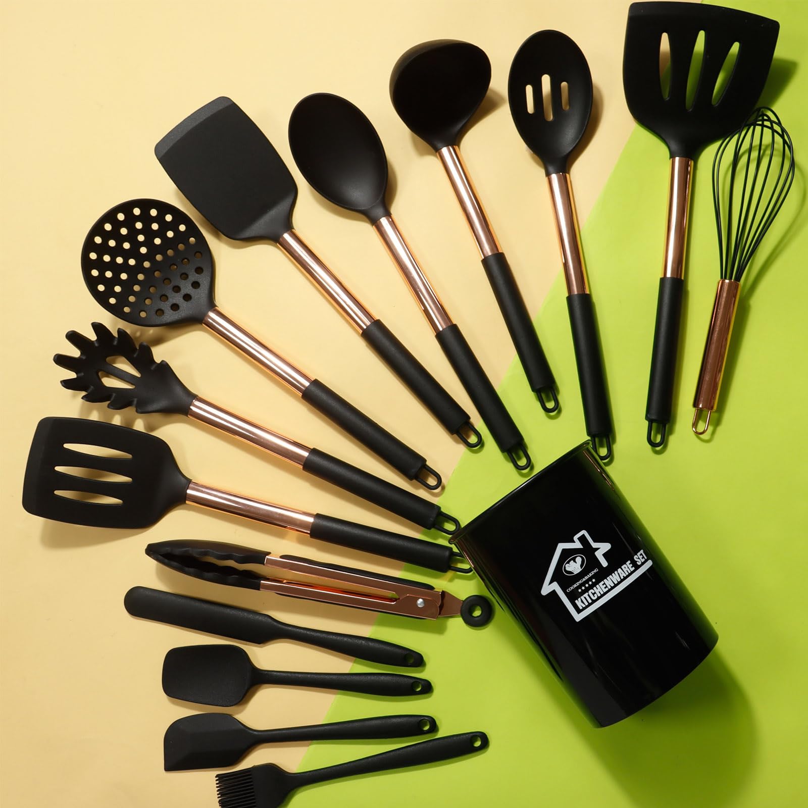 Küchenutensilien-Set, Silikon-Kochutensilien, Silikon-Spatel-Set mit roségoldenem Edelstahlgriff, Küchenwerkzeuge für kratzfestes Antihaft-Kochgeschirr,Black + rose gold,15PCS