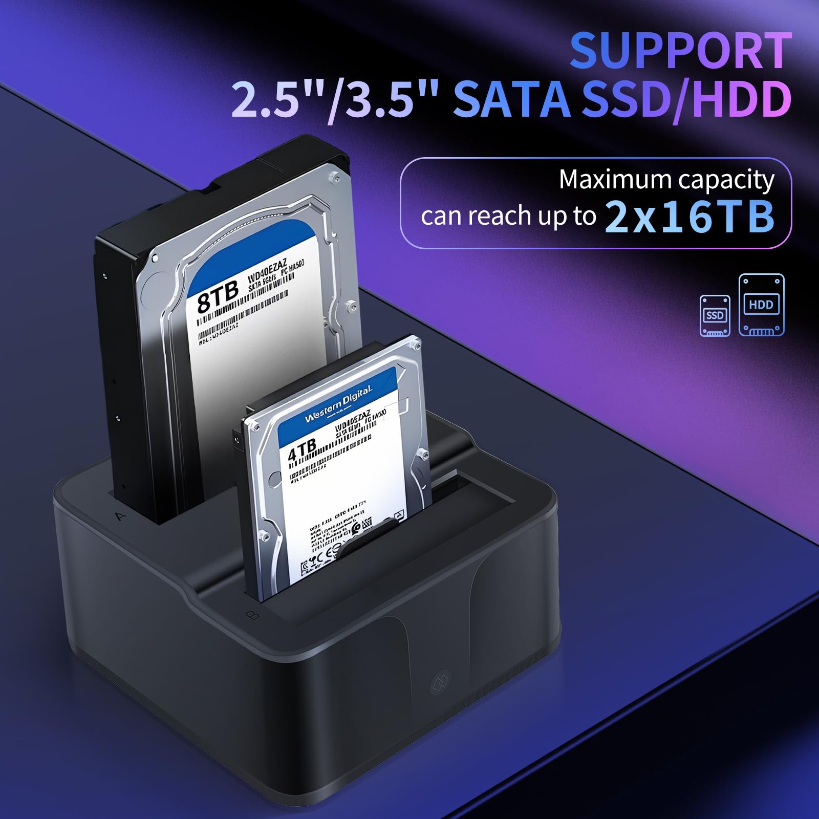 Station d'accueil Double Baie USB 3.0 pour disques durs/SSD SATA 2,5"/3,5" (jusqu'à 2x16TB) avec Lecteur de Cartes SD/microSD intégré. Prend en Charge Le clonage Hors Ligne, Le Plug & Play
