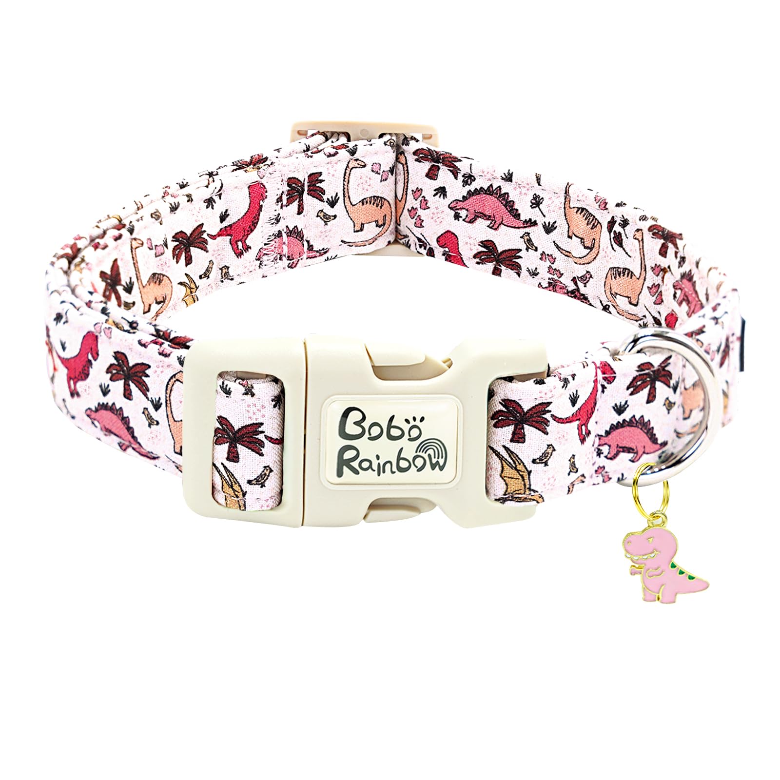 Bobo Rainbow Dog Collar-Pink Dinosaur Print Adjustable Pet Collars Cute Soft Comfortable Cotton Puppy Collar Durable Gift for Medium Dogs