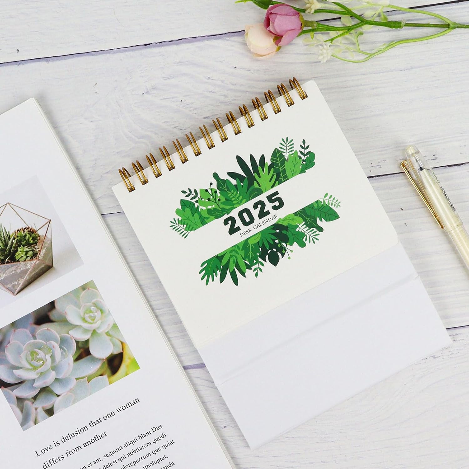 Koqye Small Desk Calendar 2025,Standing Flip Desktop Calendar for Planning Organizing Daily Scheduler, Small Calendar from July 2024 to Dec 2025 for Home Office School (Plants)