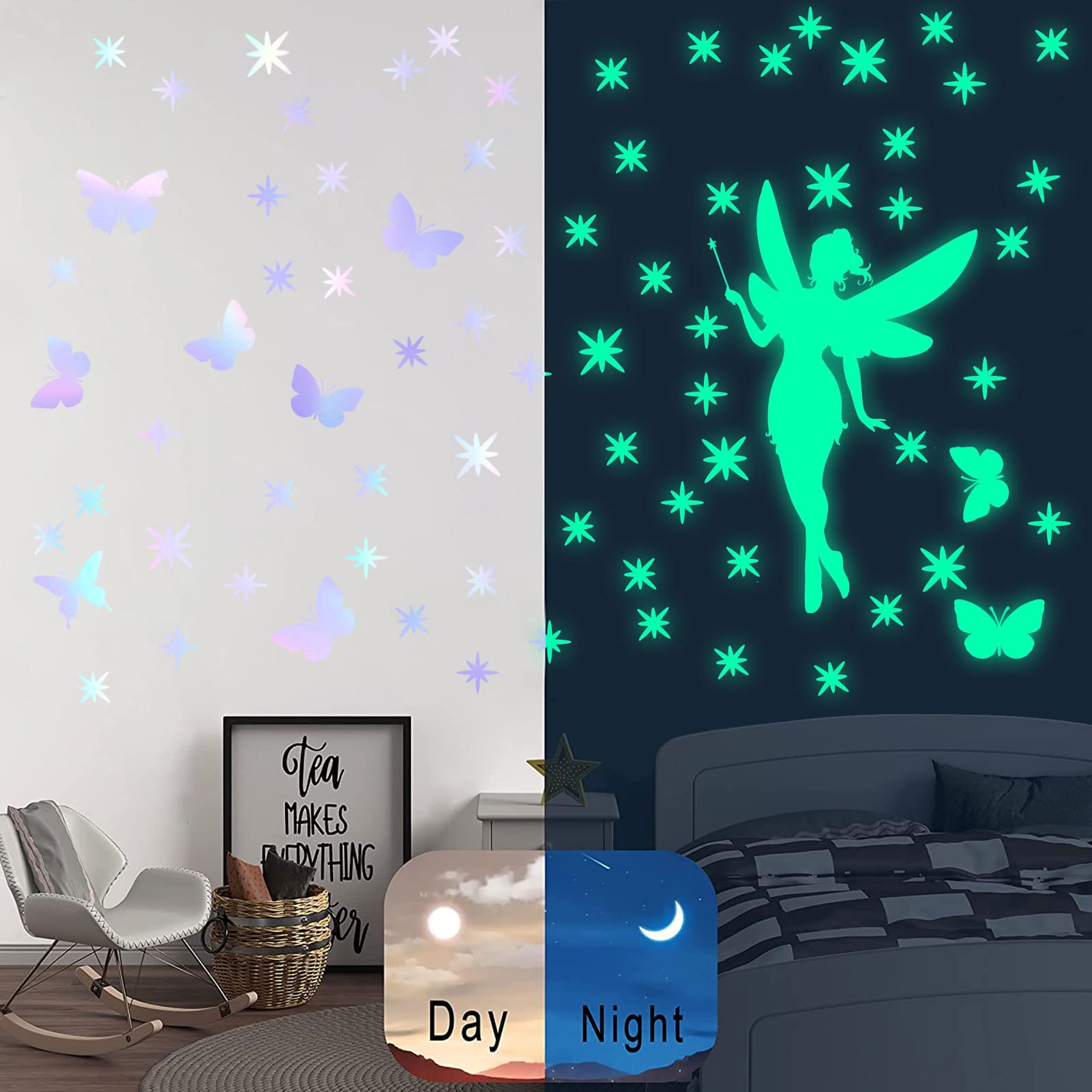 Adesivi Murali Fluorescenti Fata Farfalla Luminoso Adesivi da Parete Fata Adesivo Murale Stelles Adesive Fluorescenti Decorazioni Parete per Camera da Letto Ragazza Cameretta Verde