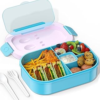 Kids & Adults Bento Lunch Box-4 Compartment Leak-Proof Food Containers with Fork & Spoon, BPA Free, Bento Adult Lunch Box for Work School, Microwave & Dishwasher Safe (Misty Pk-Blue)