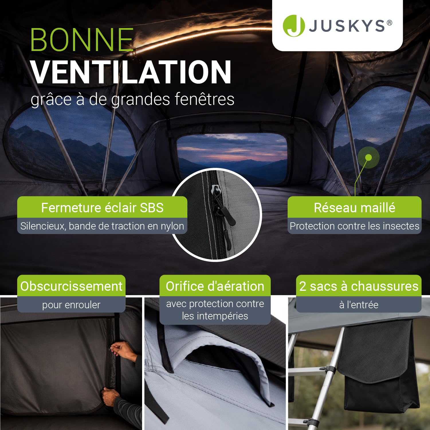 Juskys Tente de toit Lago pour voiture, construction robuste, imperméable et protection UV, tente de toit de voiture, camping, éclairage LED