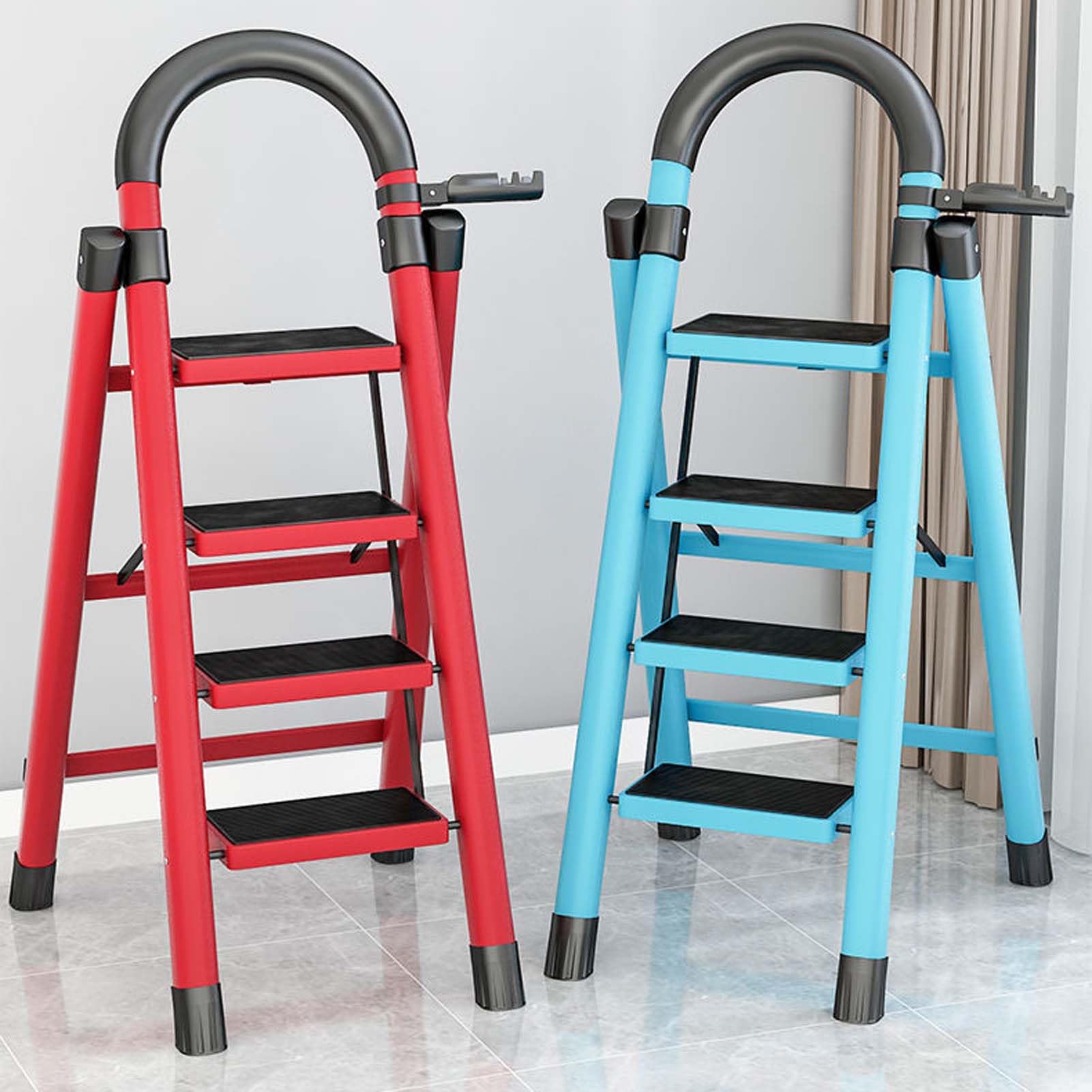 YSUEFIJO Escalera Plegable de 4/5/6 Peldaños con Barandilla, Escalera Multifuncional de Aluminio, Escalera Plegable con Superfice Antideslizante, Soporta hasta 150 kg, para Hogar, Cocina, Oficina
