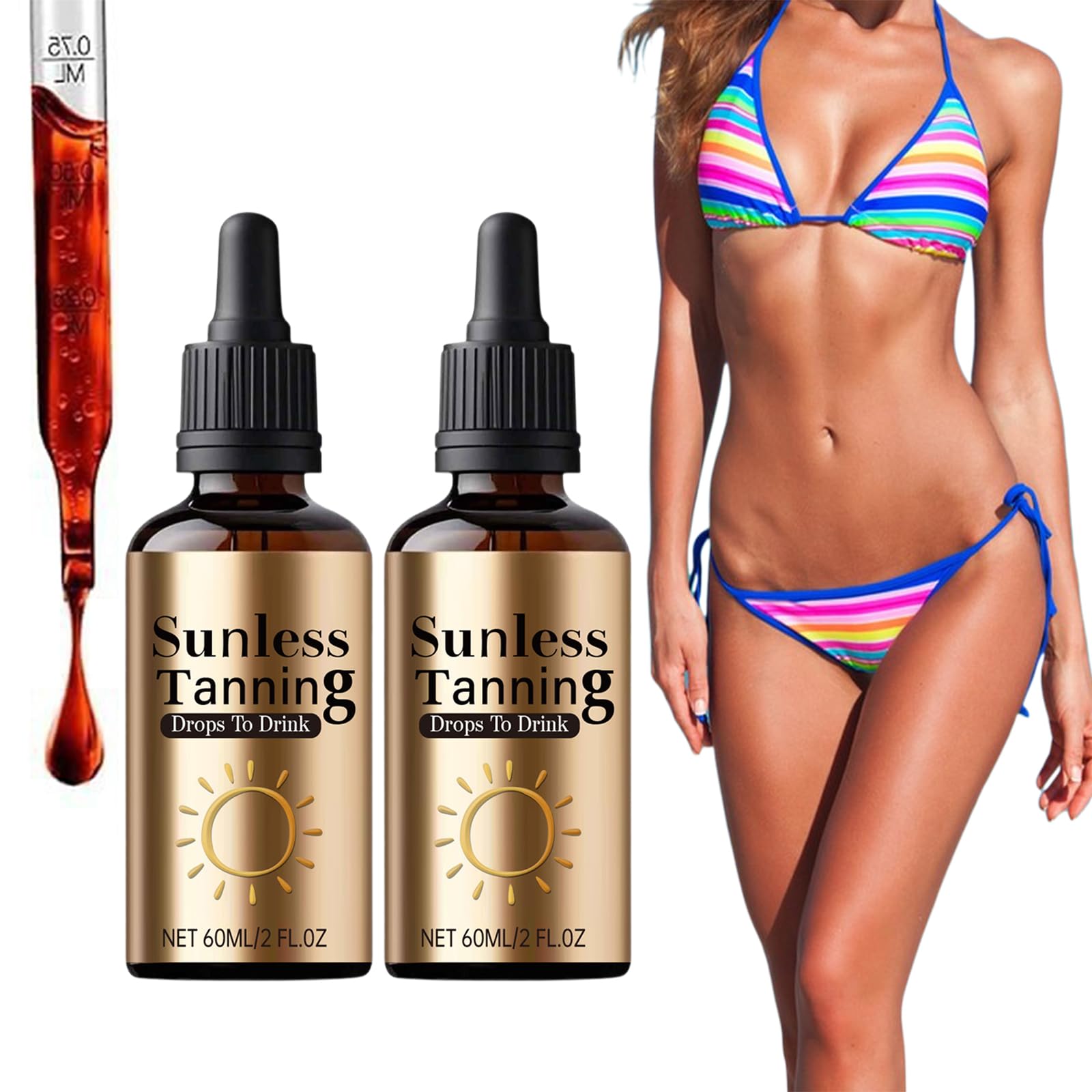 Sunless Tanning Drops To Drink, 60 ml Sunless Bronzing Drops Without Sun, Health And Pea Pigmentation, Fast Tanning, All Skin Types (2 Pieces) - 1