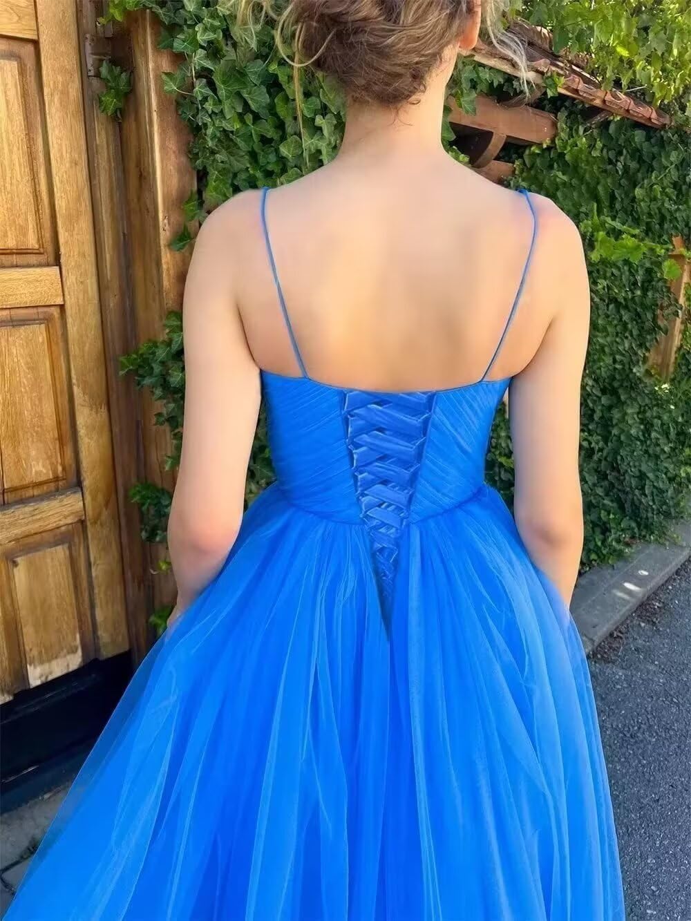A line Ruched Tulle Prom Dress Spaghetti Straps for Women, Tea Length Sweetheart Homecoming Dress Cocktail Dress