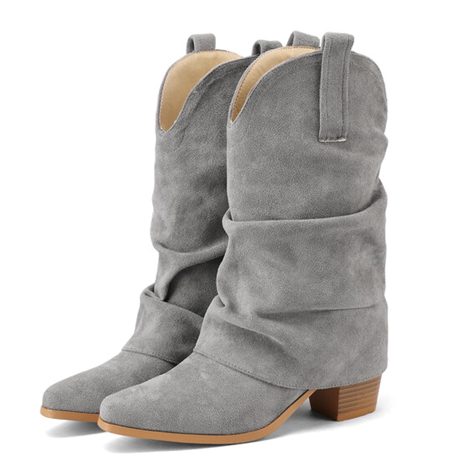 Alsoloveu Womens Fold Over Boots Mid Calf Slouchy Boots Pointed Toe Chunky Heel Western Cowboy Boot Pull On