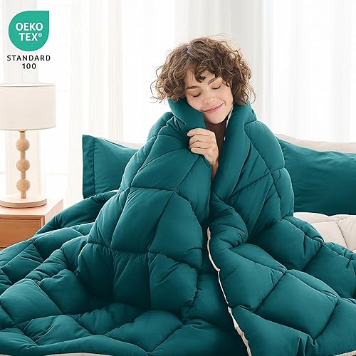 Miniatura 98 de MUXHOMO Juego de edredón Queen de 7 piezas, cama reversible en una bolsa, tamaño Queen, juego de ropa de cama para todas las estaciones con edredón