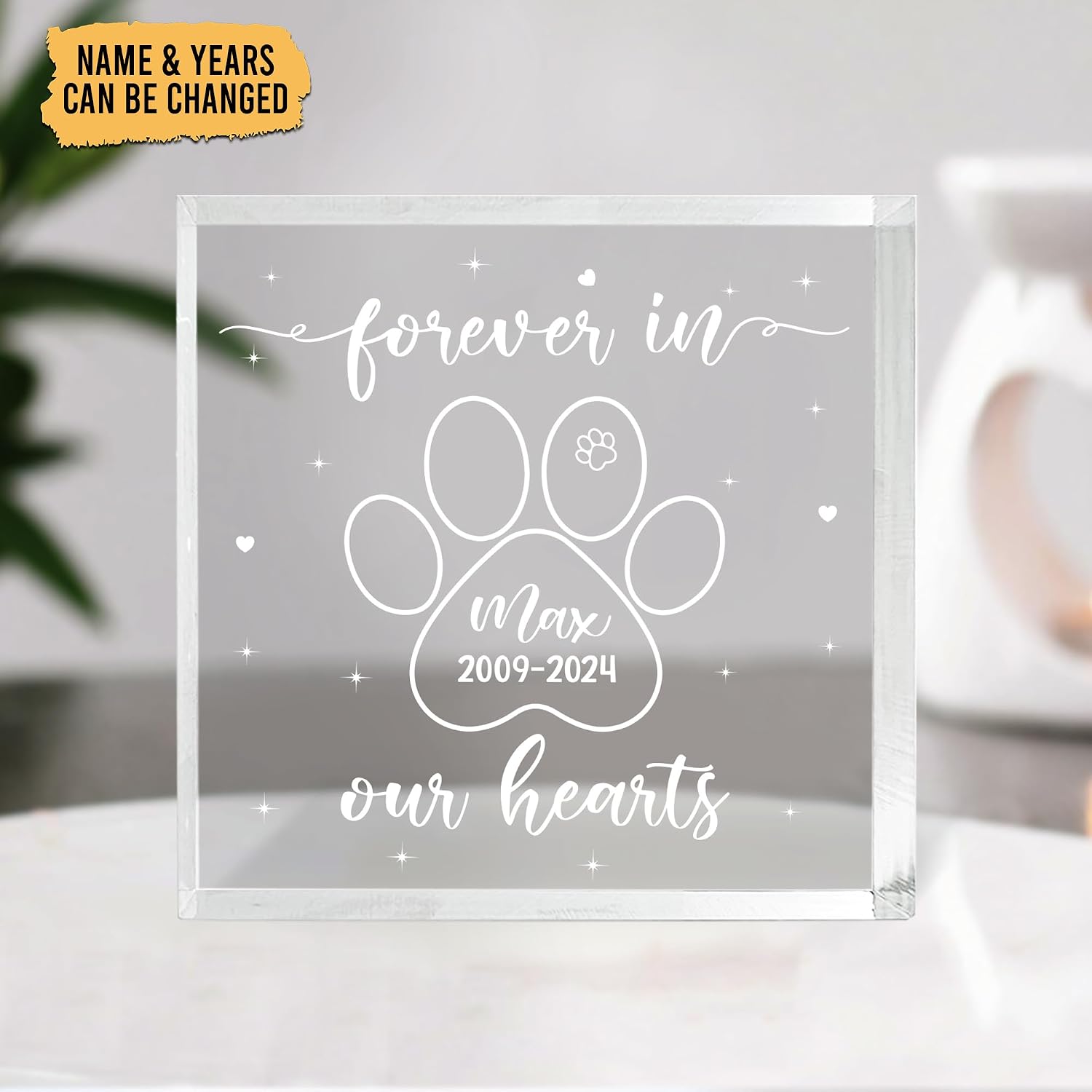 HYTURTLE Personalized Acrylic Square Shaped Plaque - Pet Memorial Keepsake - Forever In Our Heart - Desk Decor, Sympathy Gift