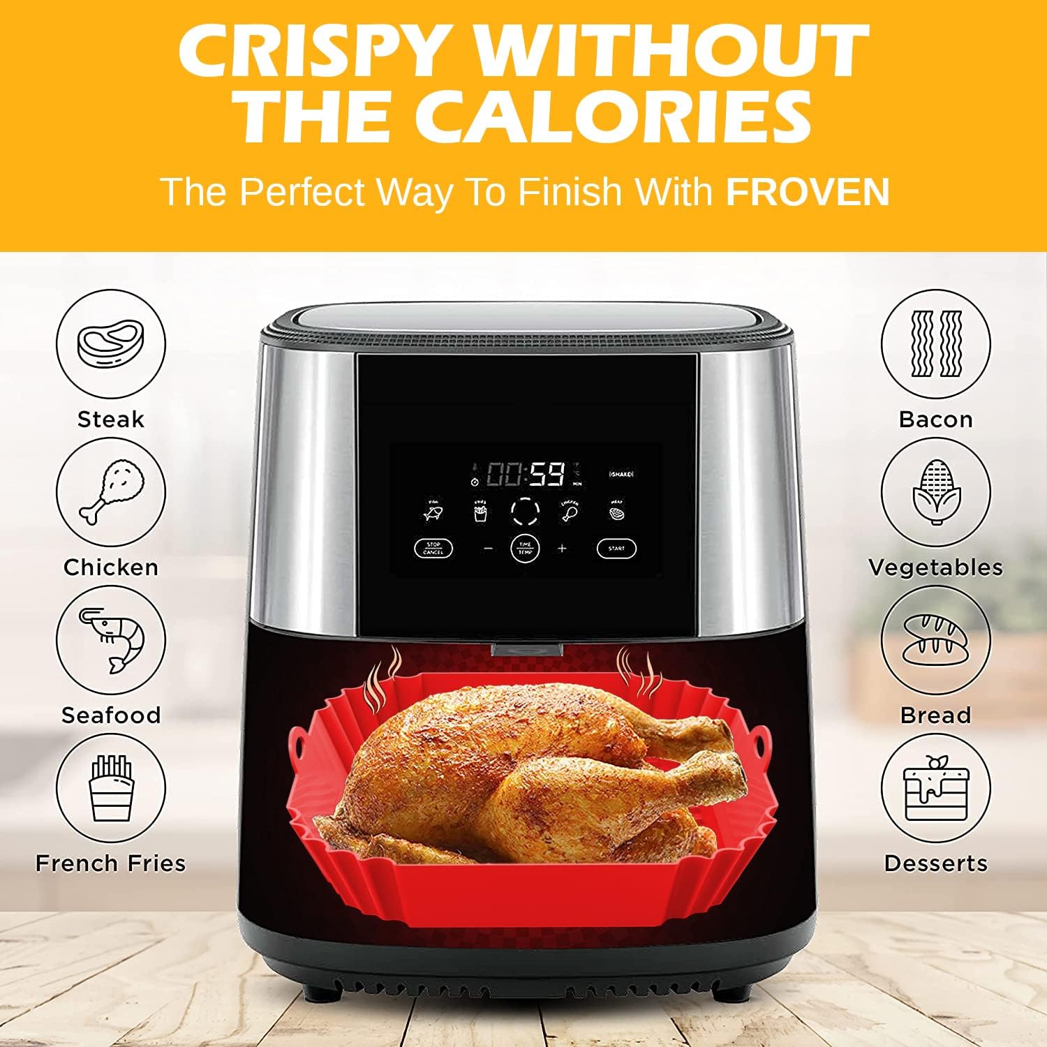 ZELKEY 2 PCS Air Fryer Liners I Square Silicone Basket Baking Tray I Pot with Ear Handles I Nonstick Reusable Heat Resistant I Multicolor (Square Liner, 8 INCH) — Amazon image 6