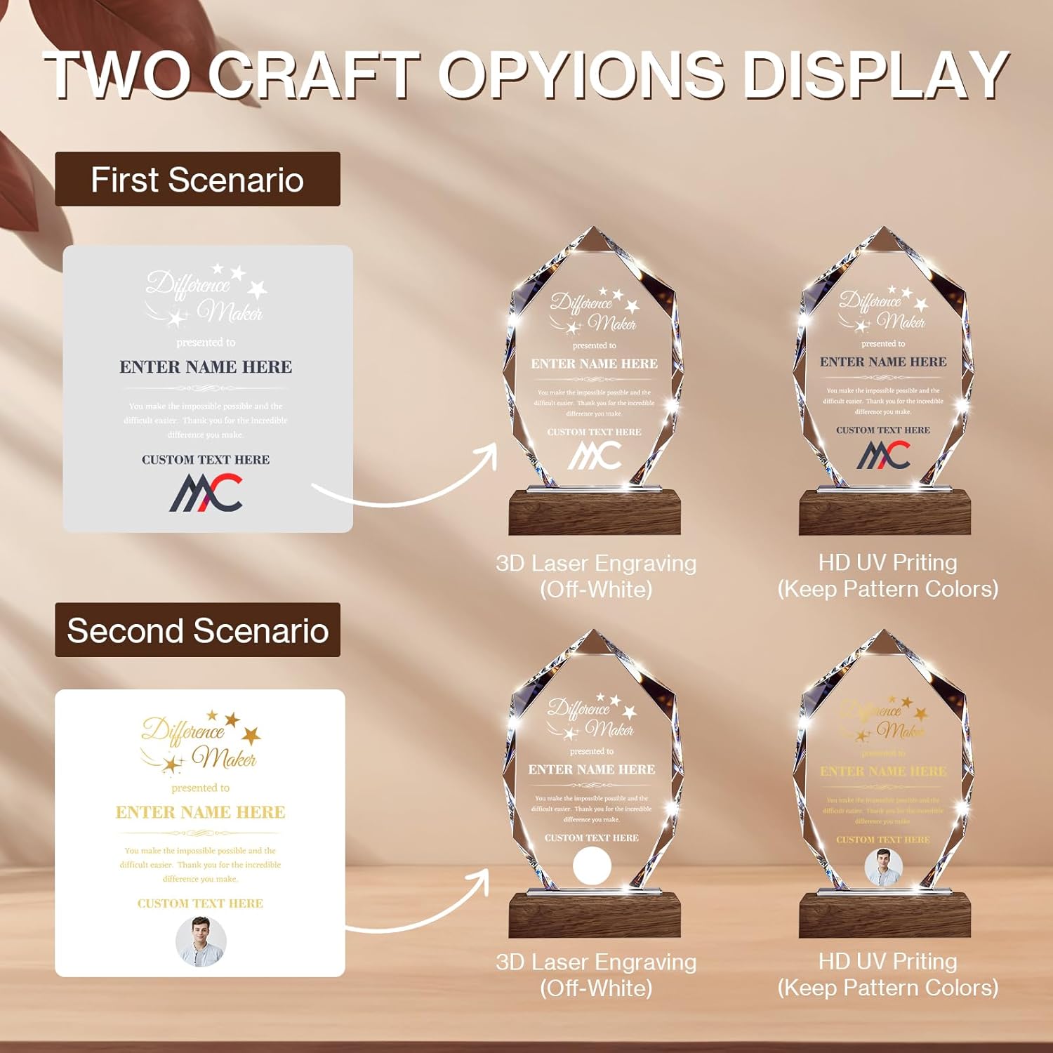 Custom Crystal Trophy Award with Wood Base, Personalized Plaque Engraved with Logo Text for Retirement, Difference Maker, Employee Appreciation Gifts for Coworker