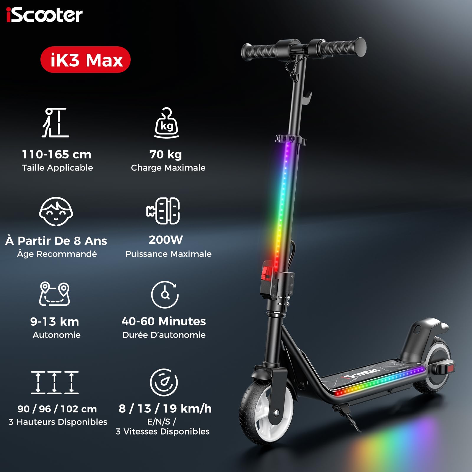 iScooter IK3MAX Trottinette éLectrique Enfant 6,5",Pliable,pour 8-15 Ans,Vitesses 8/13/19 km/h,Autonomie 13km,ÉCran LED,Lumières LED Colorées,Bluetooth,Klaxon,Guidon RéGlable