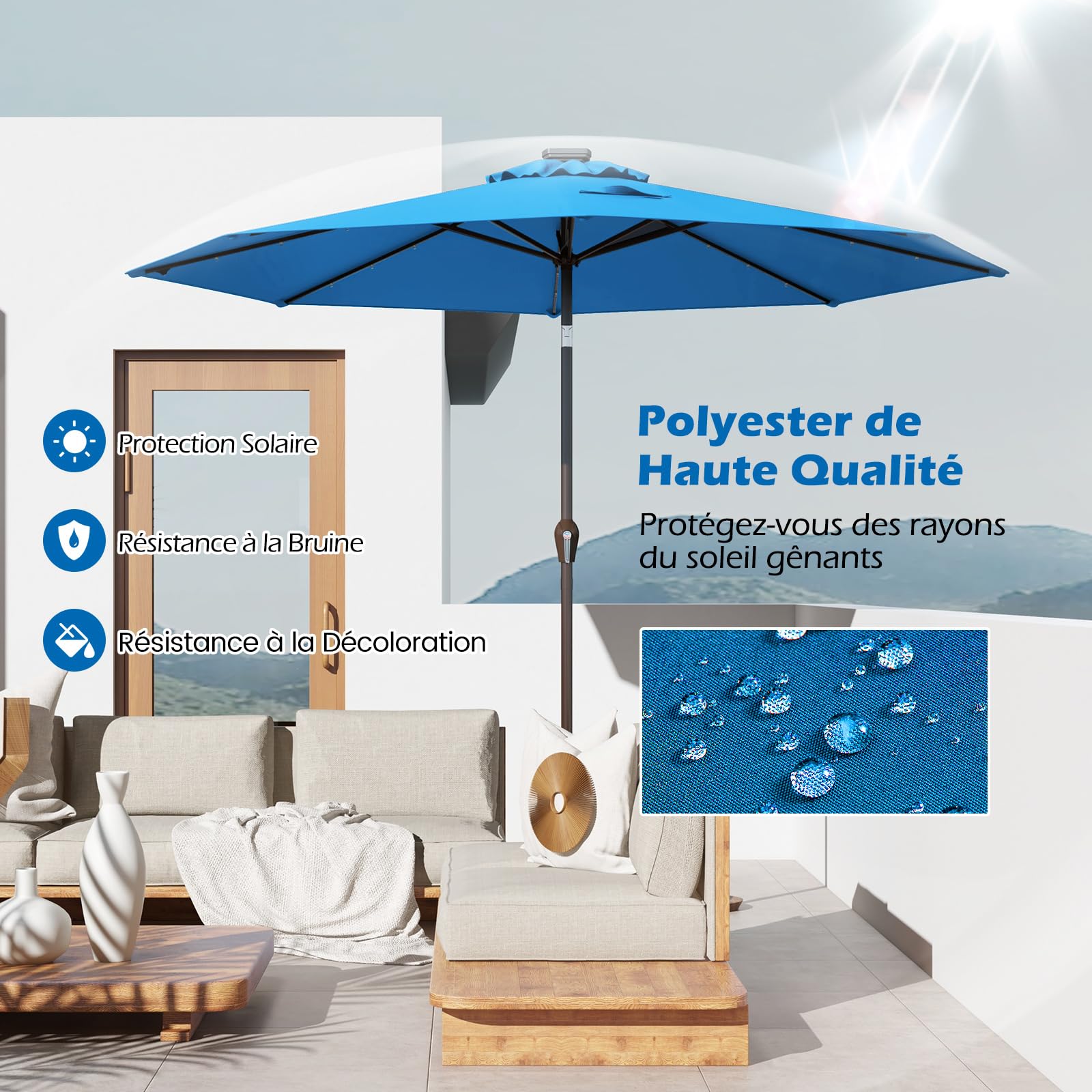 COSTWAY Parasol de Jardin Extérieur Ø 300 CM, Lumineux Solaire avec 24 LED, Inclinable avec 8 Baleines Métalliques Robustes, pour Balcon Jardin Terrasse (Bleu Clair)