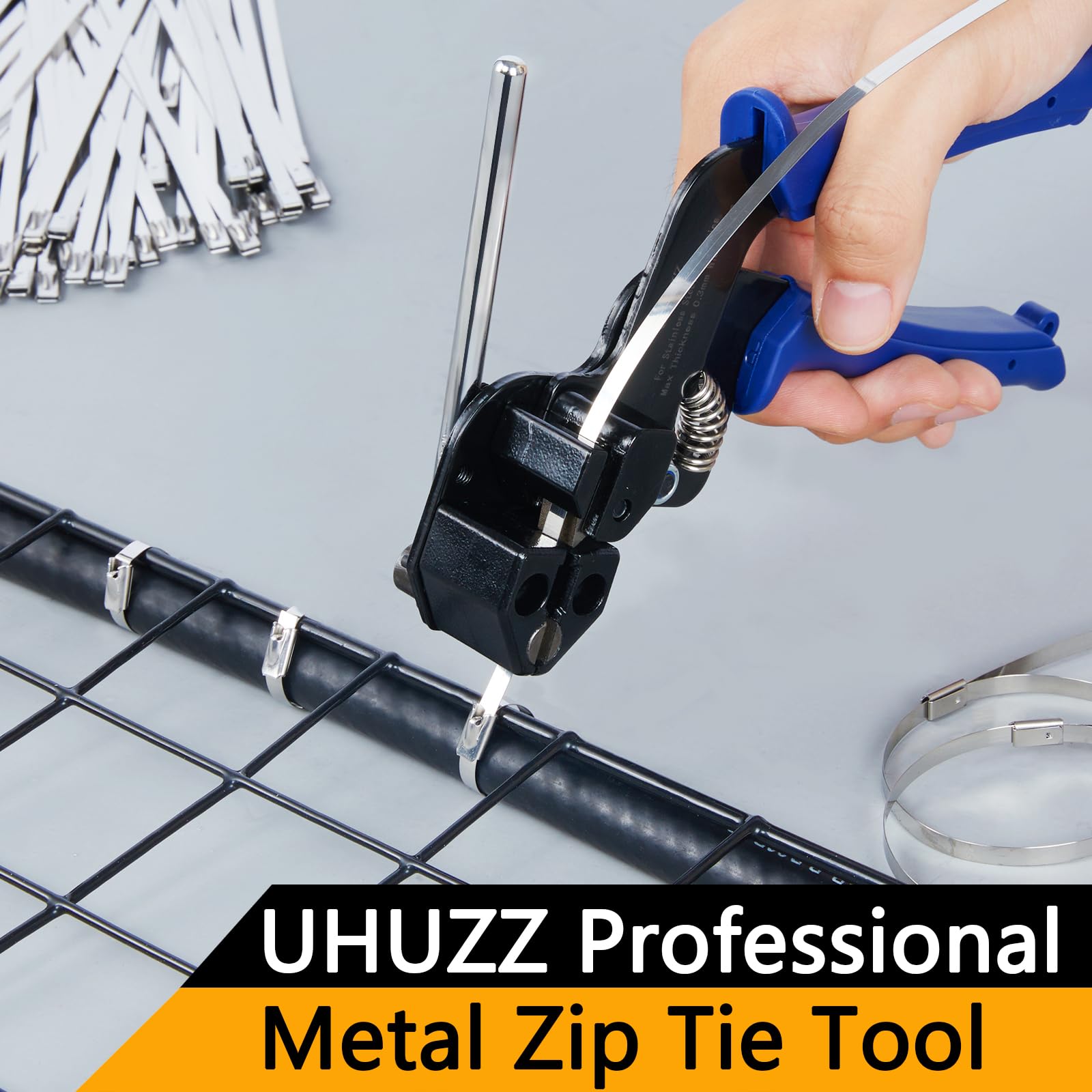 Metal Zip Tie Tool - Cable Tie Gun for Fastening and Cutting Metal & Stainless Steel Zip Ties - Includes 100pcs 11.8in Outdoor Heavy Duty Self-Locking Ties - Chain Link Fence Fencing Parts Tool