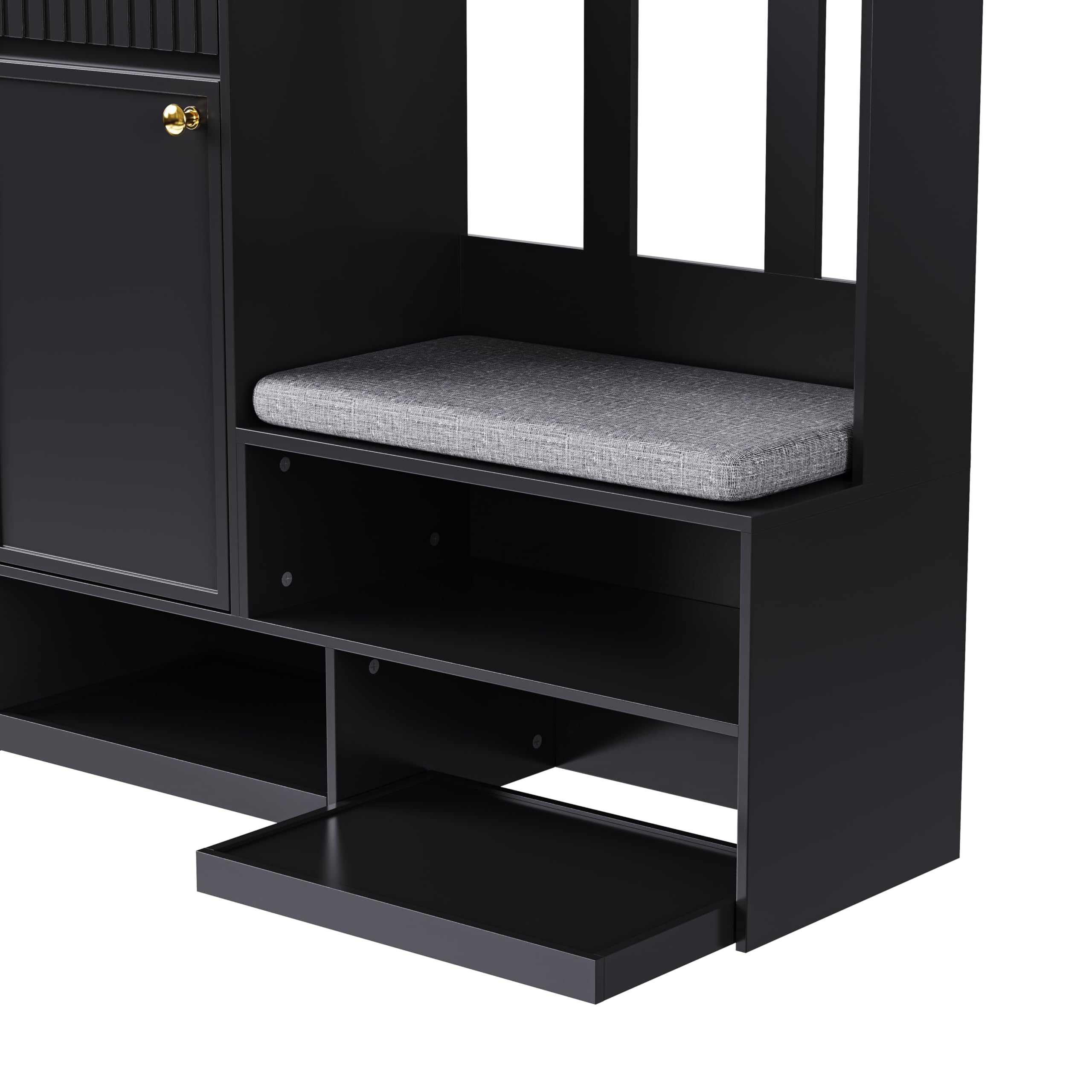 Juego completo de percheros y zapateros para pasillo y pasillo, juego completo de perchero con asiento, 4 ganchos, puertas y cajones, color negro
