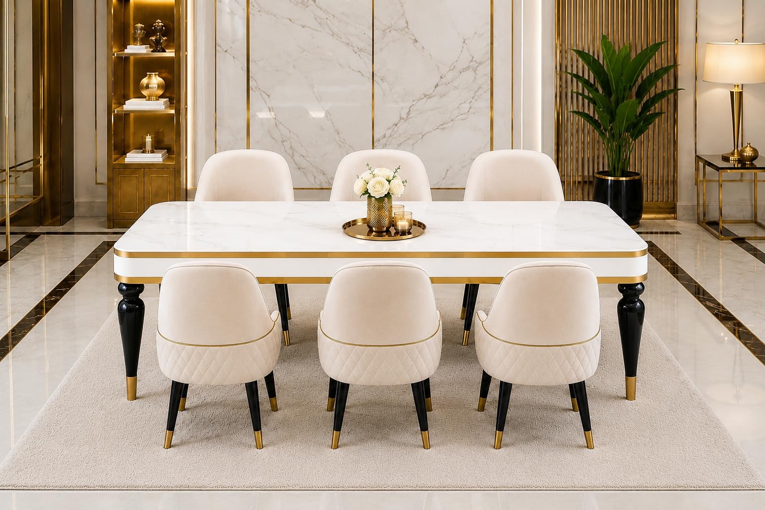 JOD DENGE 6-Seater Wooden Dining Table Set | 3 Year Warranty | Nano Composite Marble Top | Solid Wood Base | Modern Dining Room Furniture with 6 Chairs (Zyro LX Beige)