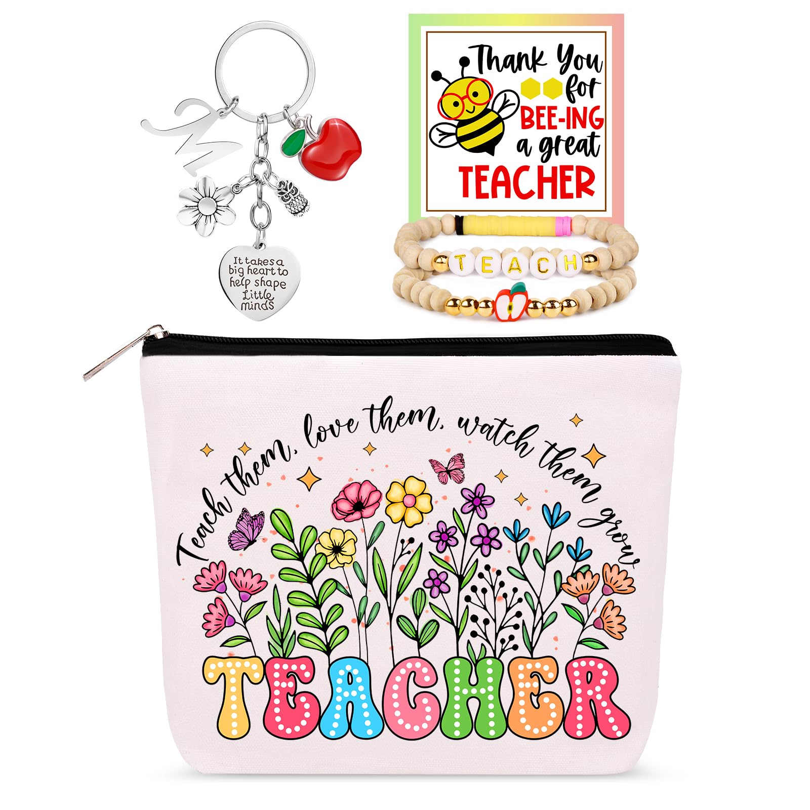 WINOWIMO Personalized Teacher Appreciation Gifts for Women, Thank You Graduation Gifts with Teacher Makeup Bag, Initial Cute Keychain, Teach Bracelets