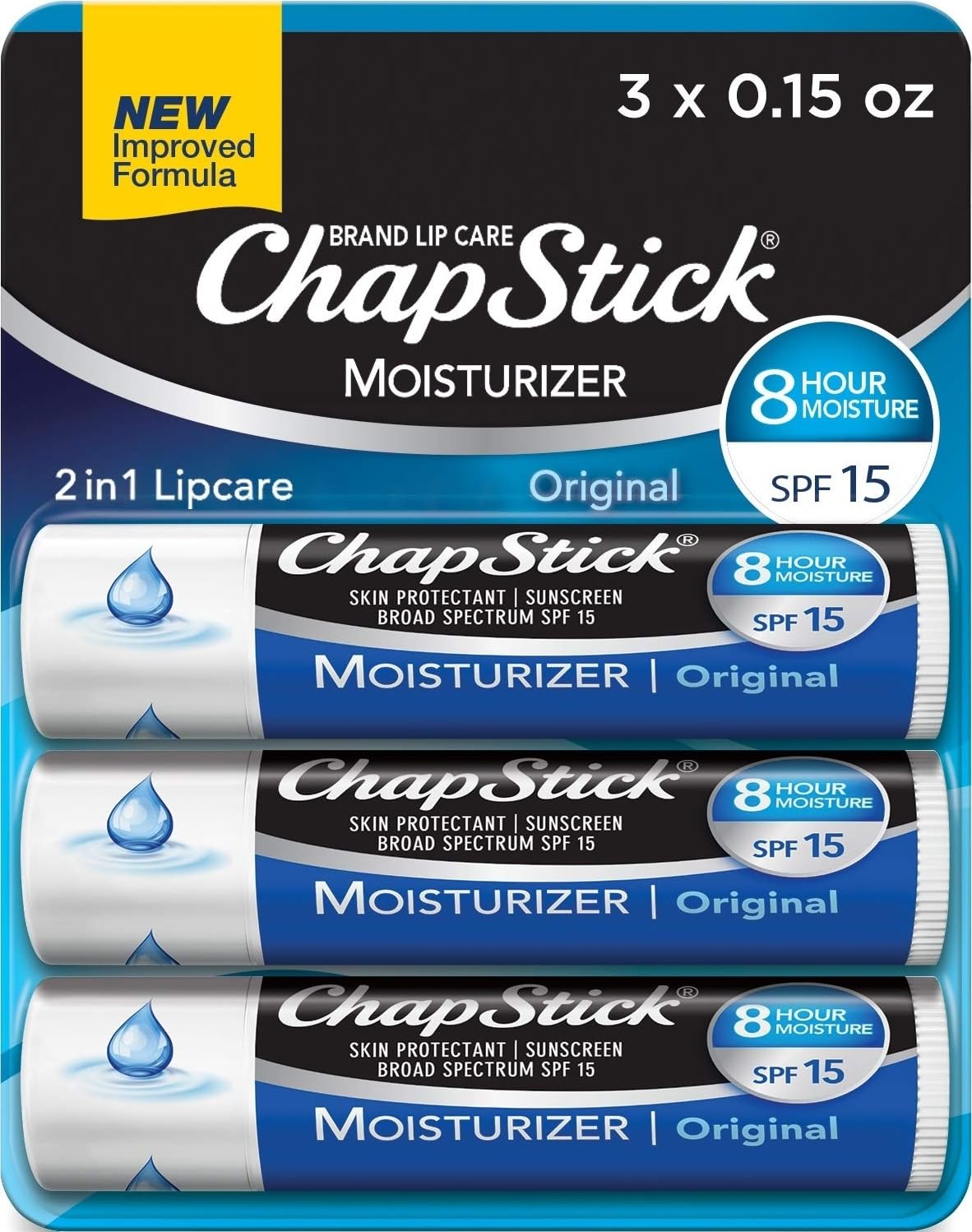 ChapStick Moisturizer Original Lip Balm Tubes, SPF 15 and Skin Protectant - 0.15 Oz (Pack of 3)