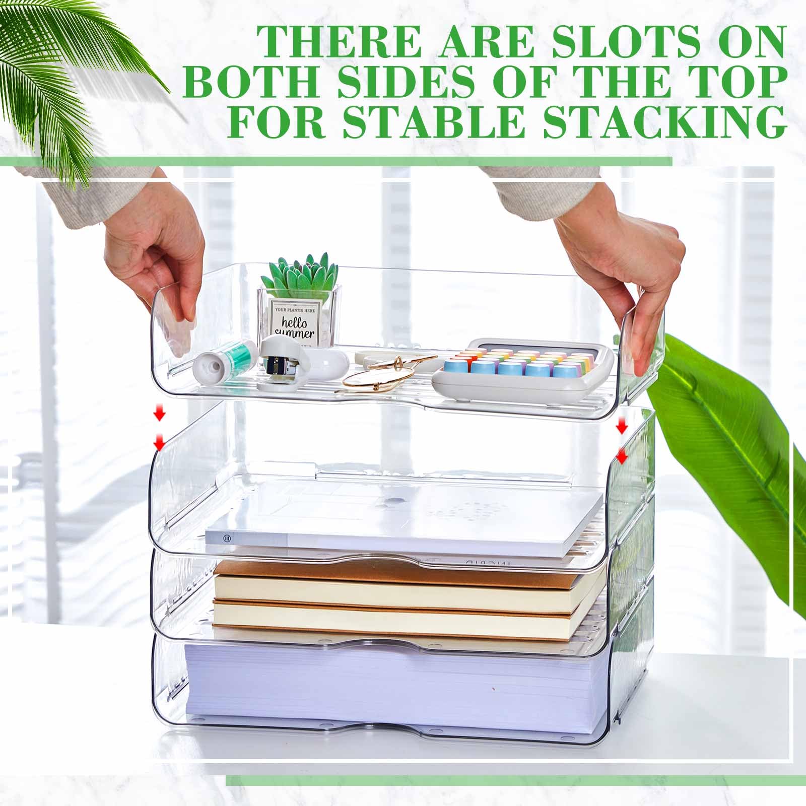 Juexica Lot de 4 corbeilles à courrier de bureau A4 en PET transparent empilable avec fond antidérapant, organisation de bureau et rangement pour notes, stylos, papier de fichier, bureau