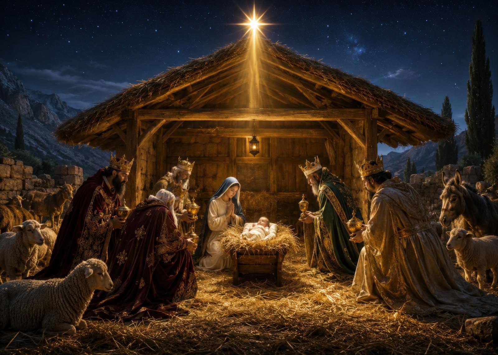 10x10FT (3x3m) Presepe Dorato Con Re Magi Sfondo Fotografico