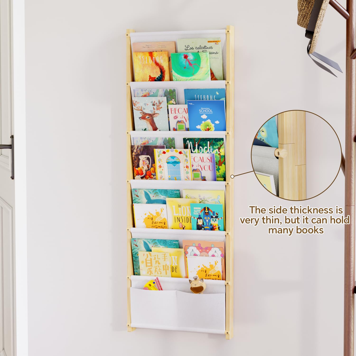 Bücherregal Kinder Wand Holz, mit 6 Lagige Taschen Wandregal Bücher Kinder, Montessori Bücherregal für Spielzeug, Kinderzimmer, Baby Zimmer, Spielzimmer, Kinderregal Bücher Aufbewahrung, 118*42CM
