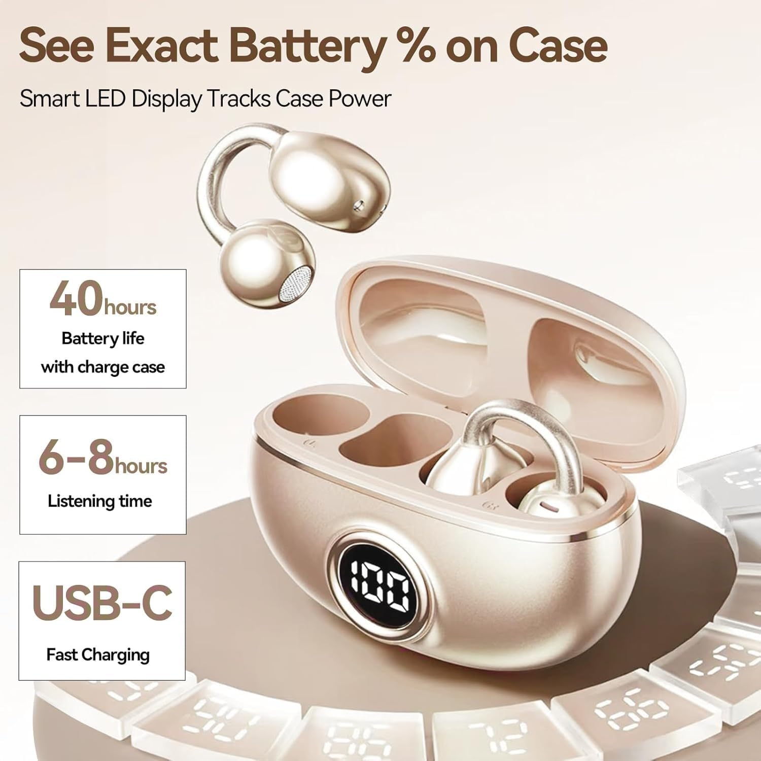 Clip on Earbuds for Small Ears & Glasses, Open Ear Bluetooth 5.4 Headphones with 40H Playtime & Digital Display, Sweatproof - Image 3