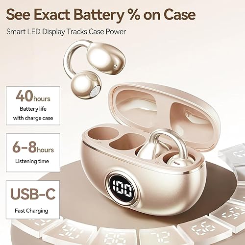 Miniatura 3 de Auriculares con clip para orejas pequeñas y gafas, auriculares Bluetooth 5.4 de oreja abierta con tiempo de reproducción de 40 horas y pantalla