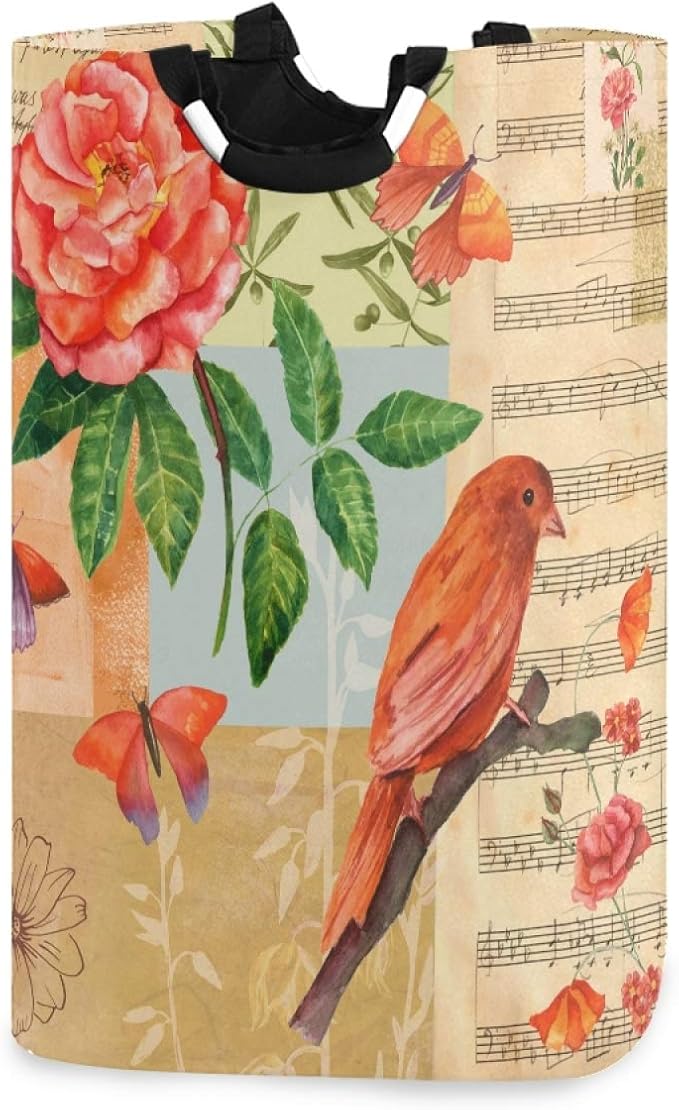 Art Cute Bird Flower Gift Laundry Basket with Handle Large Foldable