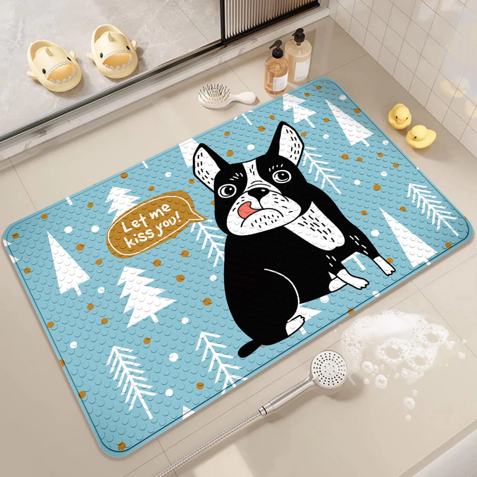 Alfombra Ducha Antideslizante 60X90Cm Perro Negro Baño con Ventosas,Alfombrilla Infantil,Lavables A Máquina Suave Alfombra De Baño,para Ducha Y Bañera
