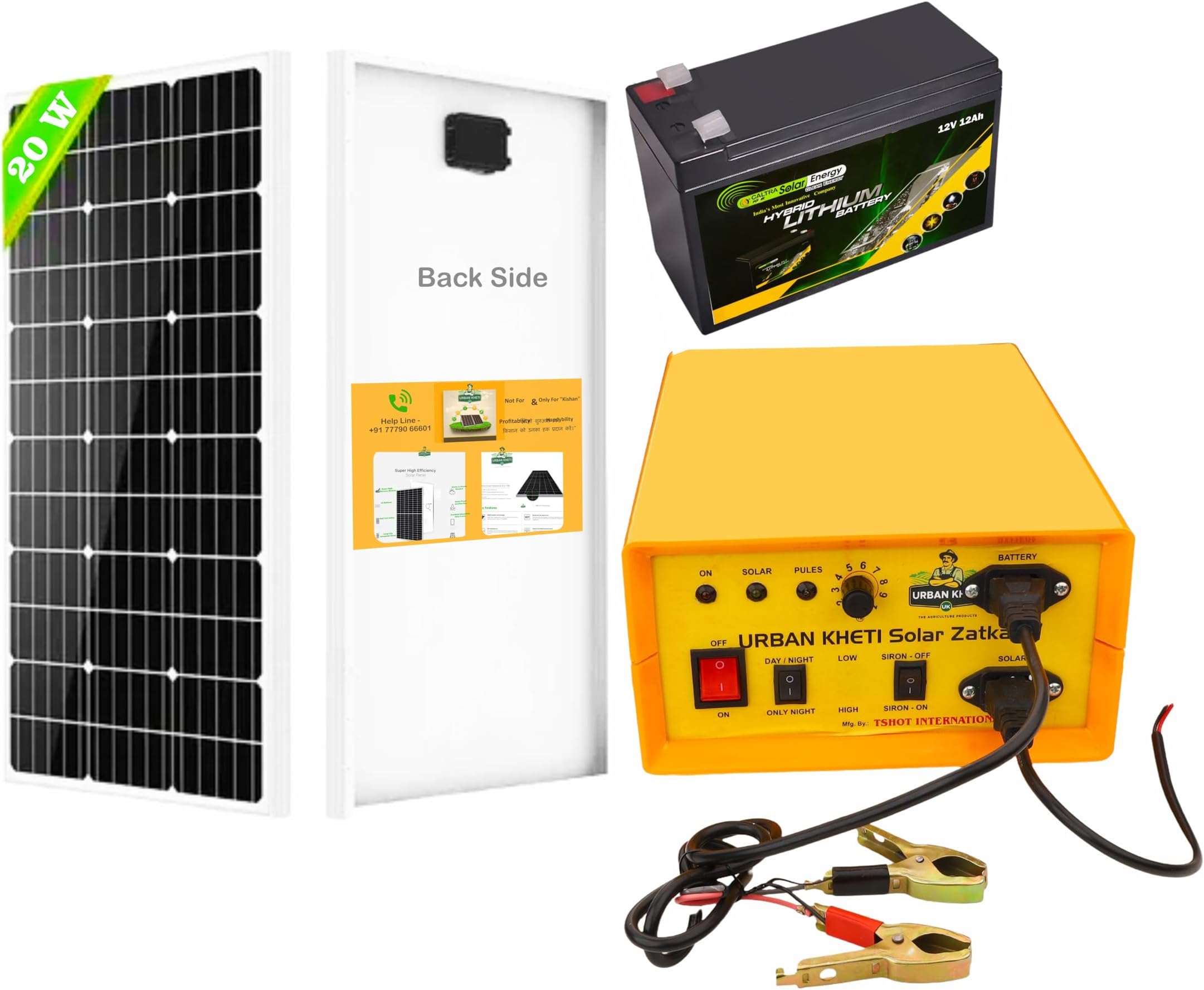 UrbanKheti Solar Zatka Machine Full Kit (25 Acer & 50-70 Vigha) Fence Energizer for Agriculture Farms With LithiumIron 12V12ah Battery, 20W Panel