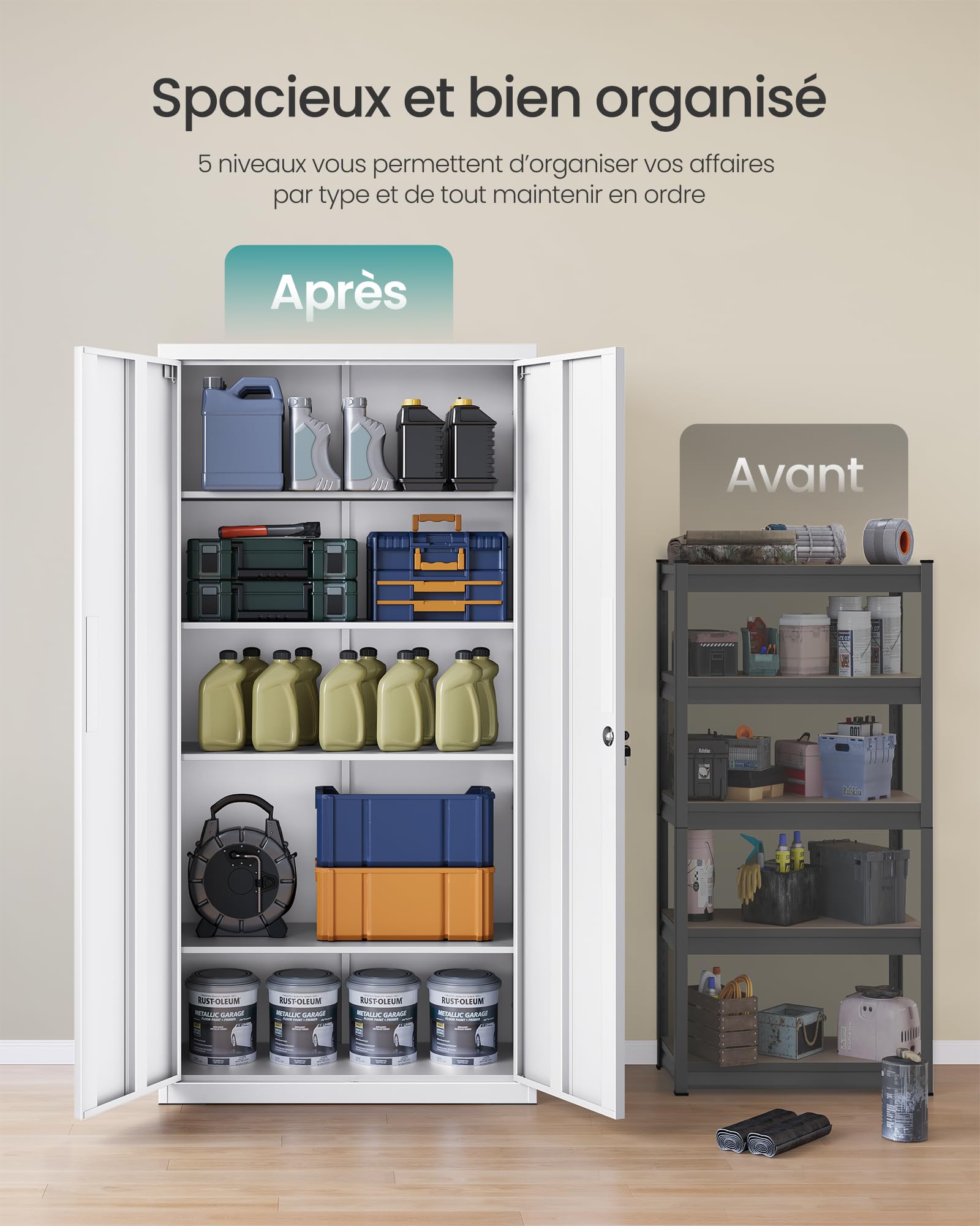 SONGMICS Meuble de Rangement Bureau, en Acier, Placard, 5 Niveaux, 40 x 80 x 180 cm, Doubles Portes, Serrure, Armoire à Outils, Étagères Réglables, pour Garage, Bureau, Blanc Mat OMC015W01