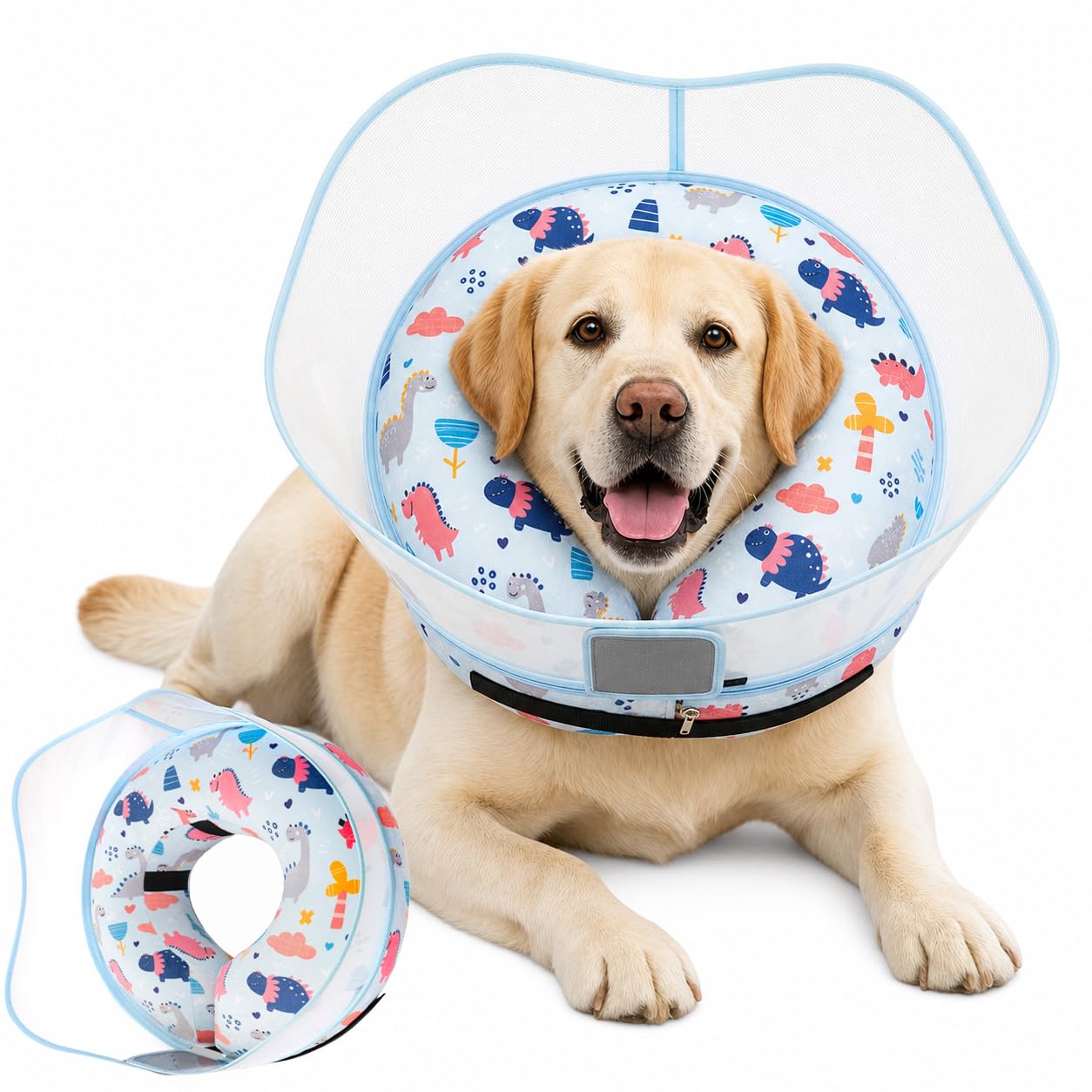 Inflatable Dog Cone Collar for Large Medium Small Dogs, Soft Dog Donut Collar Adjustable Recovery Cone for Pets After Surgery, Extra Enhanced Anti-Licking Guard Shield (Dinosaur, Large)