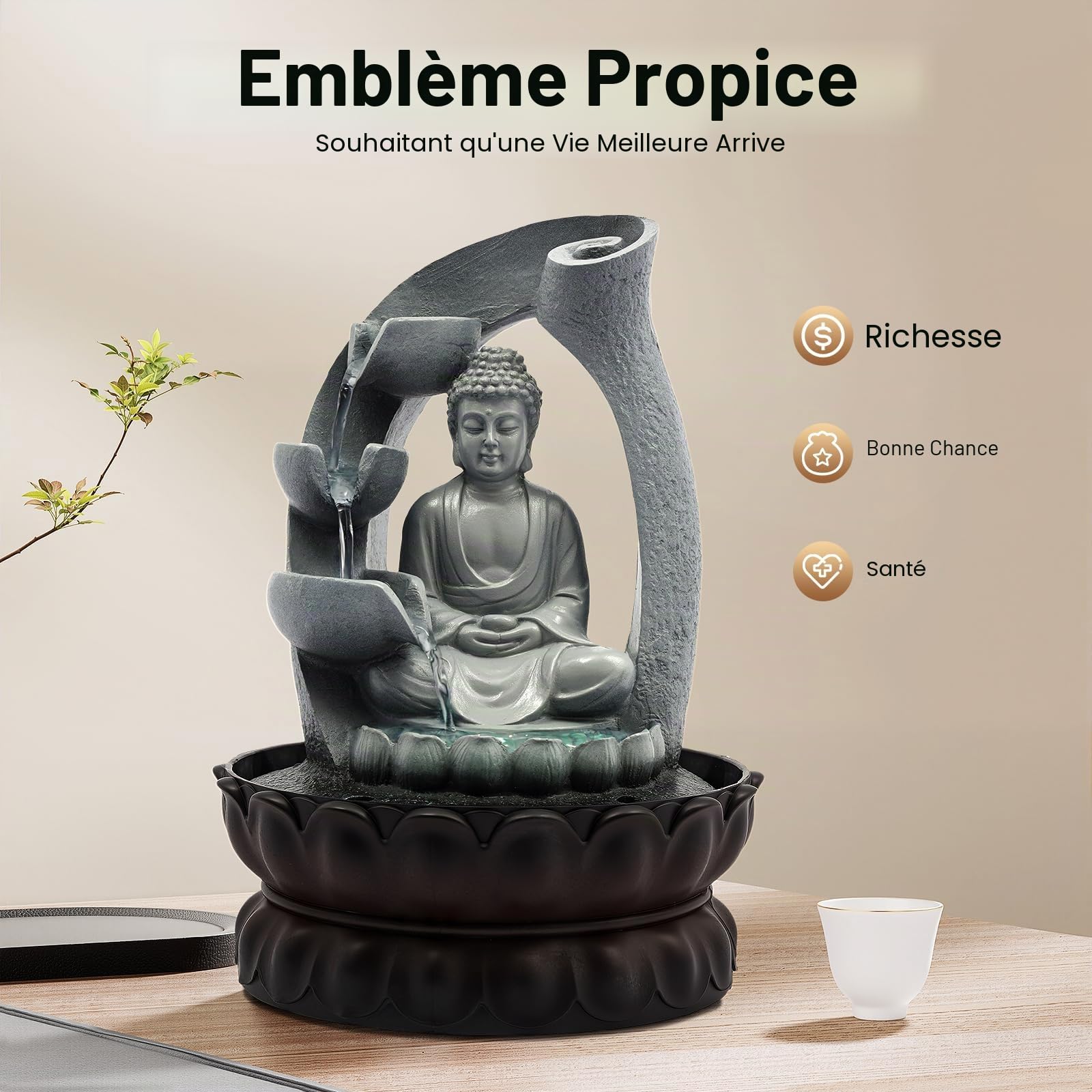 Fontaine d'intérieur Bouddha - Cascade - Fontaine de jardin - Avec éclairage LED - Pour la maison et le bureau - 21 x 21 x 28 cm
