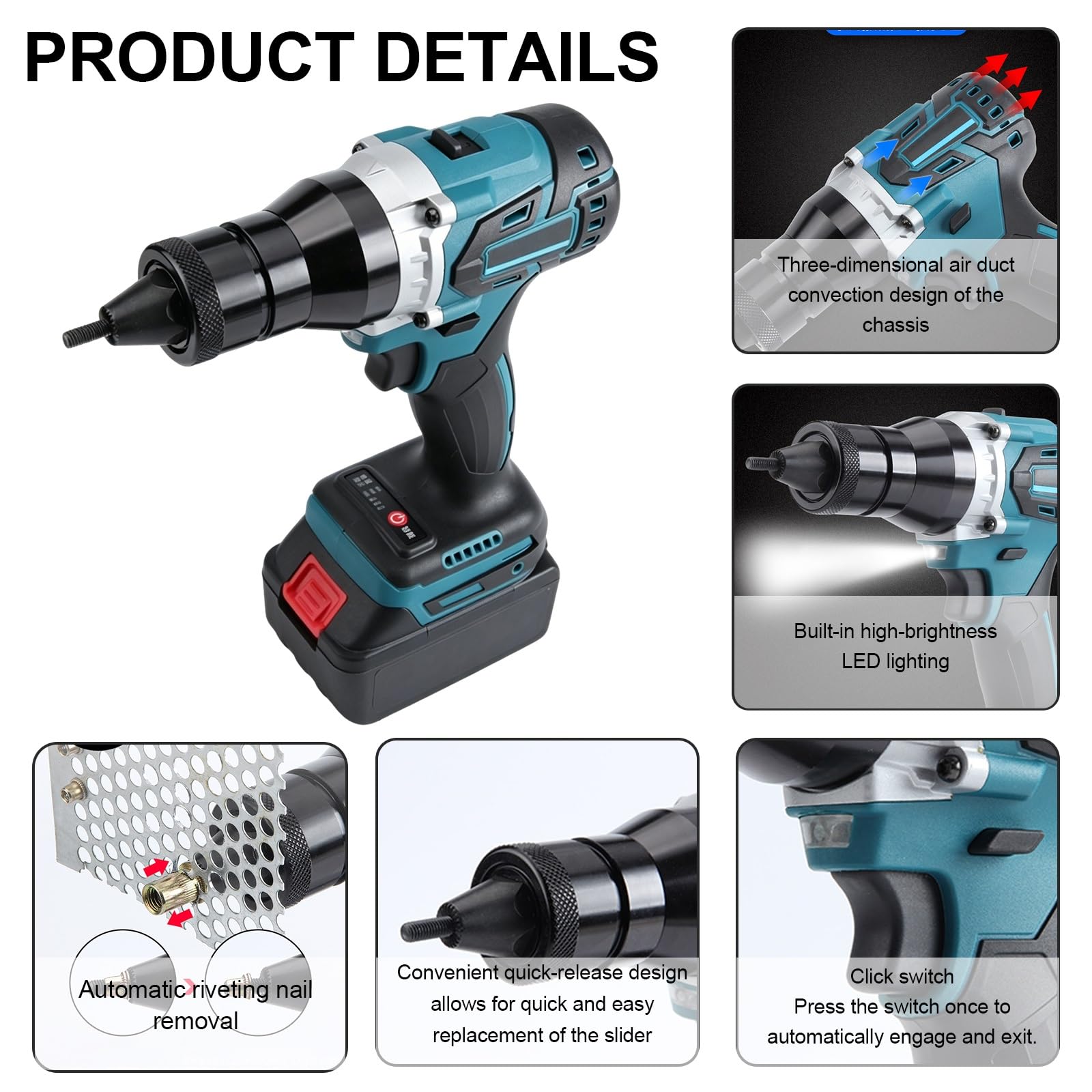 Remachadora Eléctrica Automática con Batería de 26 V, Pistola Remachadora Inalámbrica, Funcionamiento con un Solo Botón, Protección Contra Sobrecargas, Para Autocaravanas