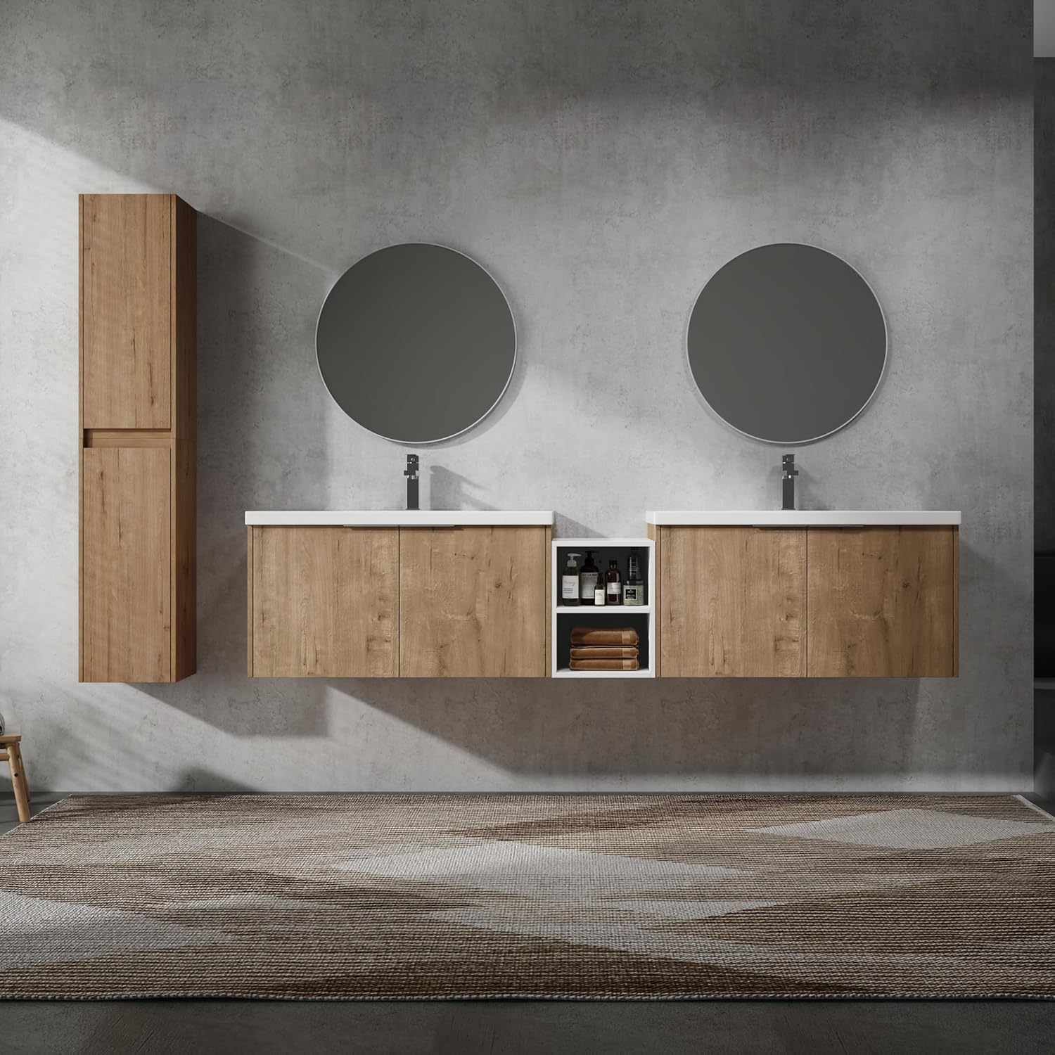 84" Double Sink Bathroom Vanity Modern Wall-Mounted Bathroom Vanity with Sink 84-Inch Floating Bathroom Vanities Set with 2 White Open Storage Shelf & 1 Side Cabinet, Natural Oak