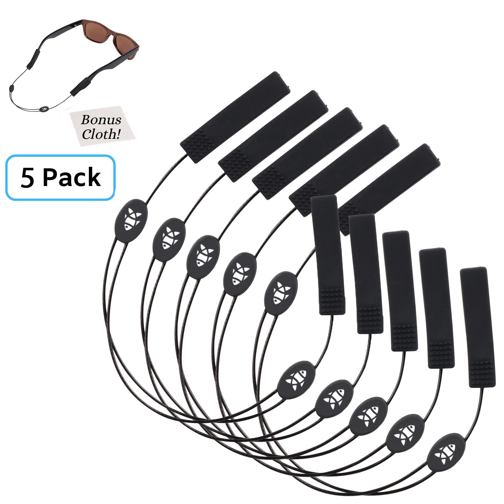 Correa ajustable para gafas (5 unidades estilo pez) – Correa para gafas de sol sin cola – Soporte para cuerdas de gafas – con paño de limpieza adicional – Paquete de 5, Negro -