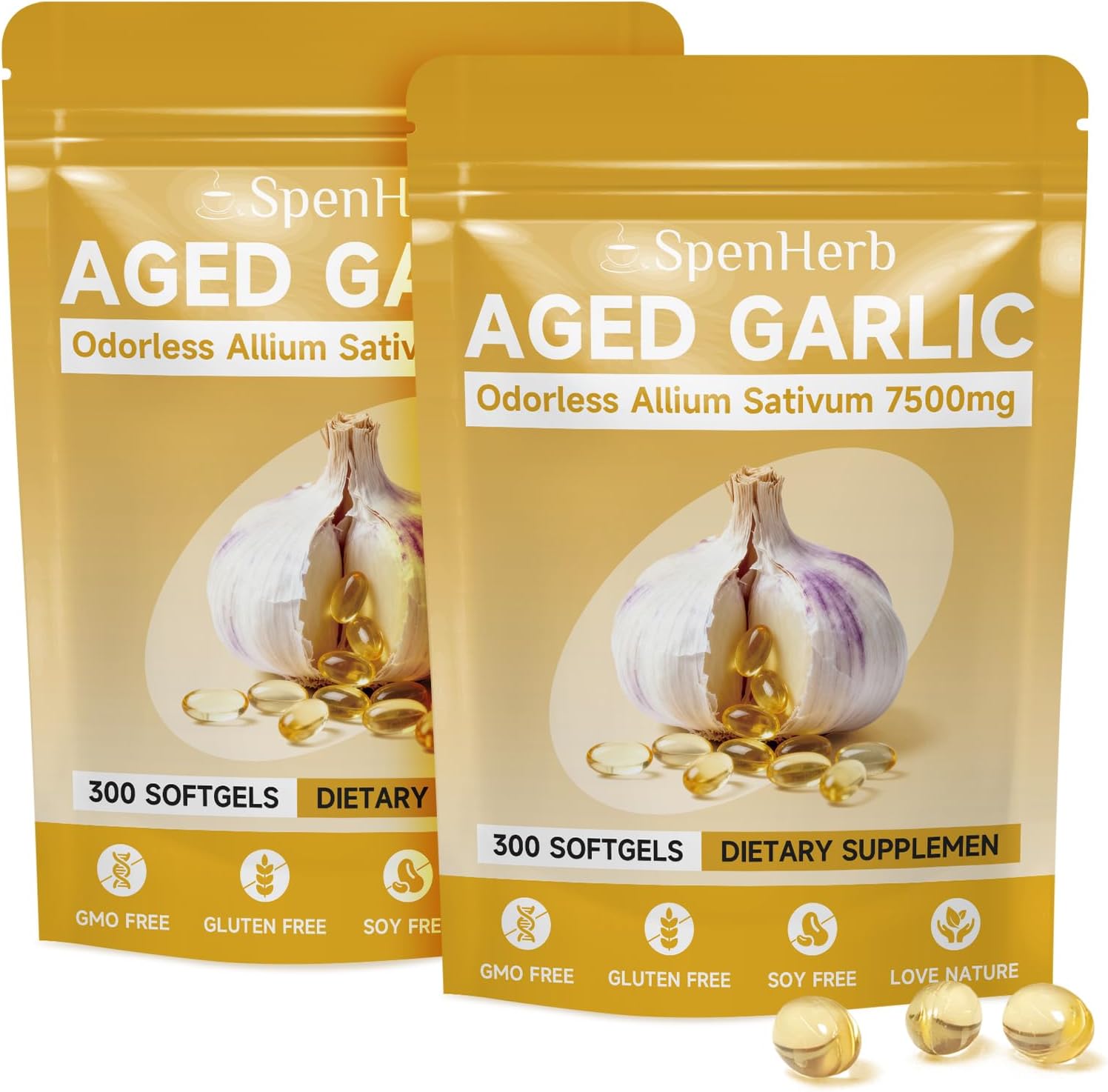 Aged Garlic Extract Softgels, Odorless Allium Sativum 7500mg Antioxidant Supplement, Immune Support,Heart Health,Non-GMO Garlic Extract 600 Softgels,2 Bags
