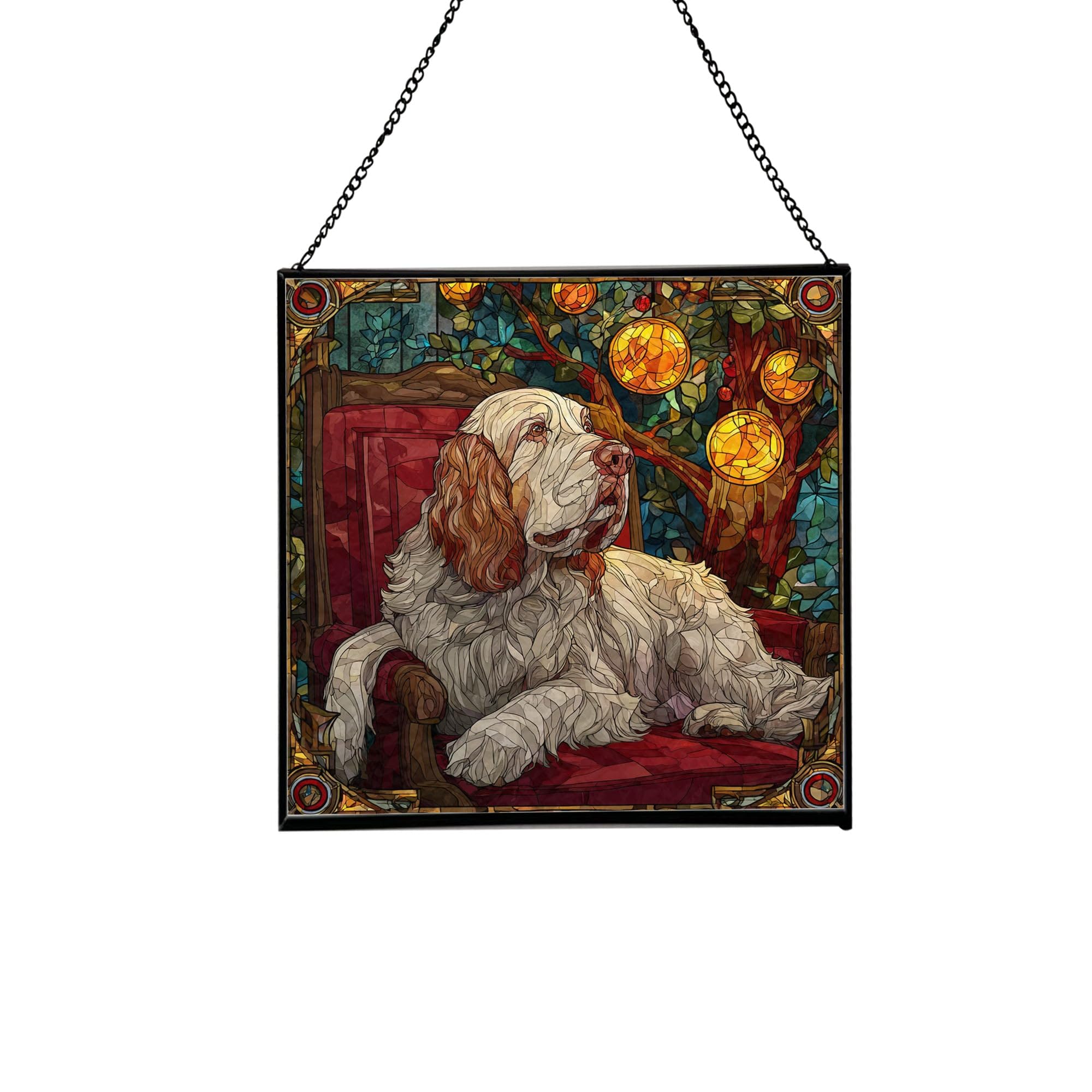 Clumber Spaniel Christmas Stained Glass Suncatcher – Square Hanging Holiday Window Panel with Cozy Fireplace Scene – Winter Glass Art Decoration Gift for Animal Lovers, Pet Owners g97PBg