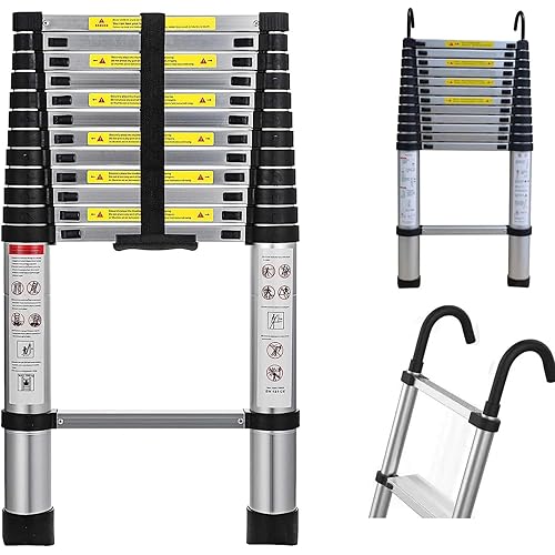 Hihone 15.5FT Telescoping Ladder, Aluminum Extension Ladder with Hooks,330LBS Capacity Anti-Slip & Lightweight,Quick Button Retraction Slow Down Protective Design