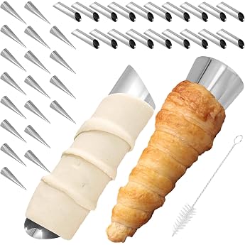 FUNSUEI Pack of 40 Cannoli Baking Moulds Stainless Steel Cannoli Moulds Tubes with Cleaning Brush 12 x 3 cm Iridescent Curl Moulds Moulds Small Cannoli Tubes Cream Rolls Mould Set for Kitchen Bakery