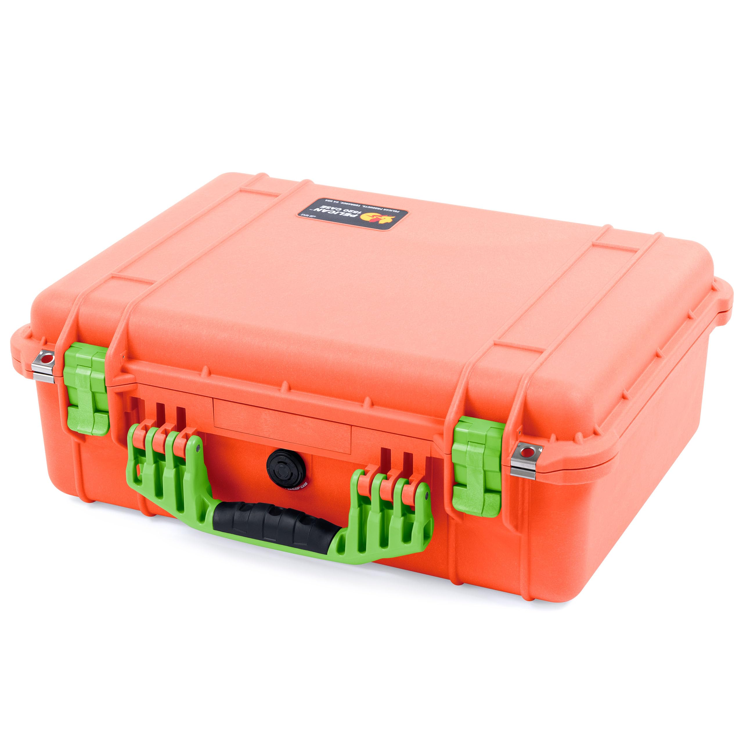 Pelican 1520 Case by ColorCase - Orange - Medium Size Waterproof Case with Grey Padded Dividers & Mesh Lid Organizer - Lime Green Handles & Latches