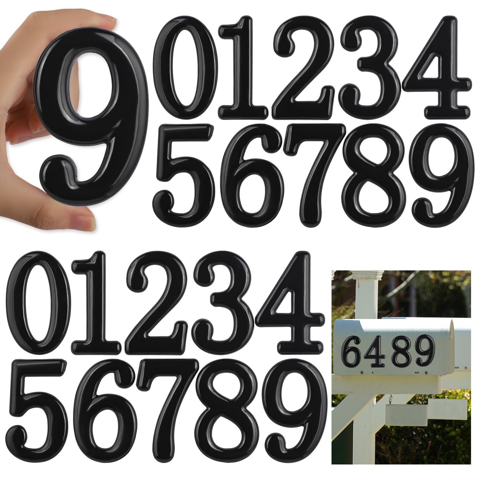 opasyo 20 Pieces Mailbox Numbers for Outside 3.8 inch 0-9 Self-Adhesive Mail Box Numbers,3D Gold House Numbers for Mailbox, Apartment, House, Trash Bins,Office Hotel Room (Black, 3.8inch)